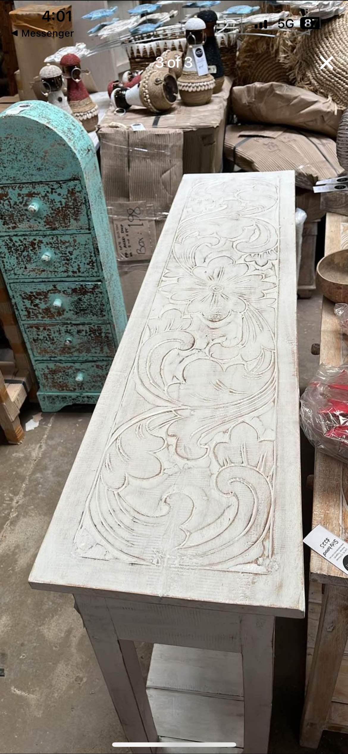 Rustic white Timber sideboard with 3 drawers. Carved top.