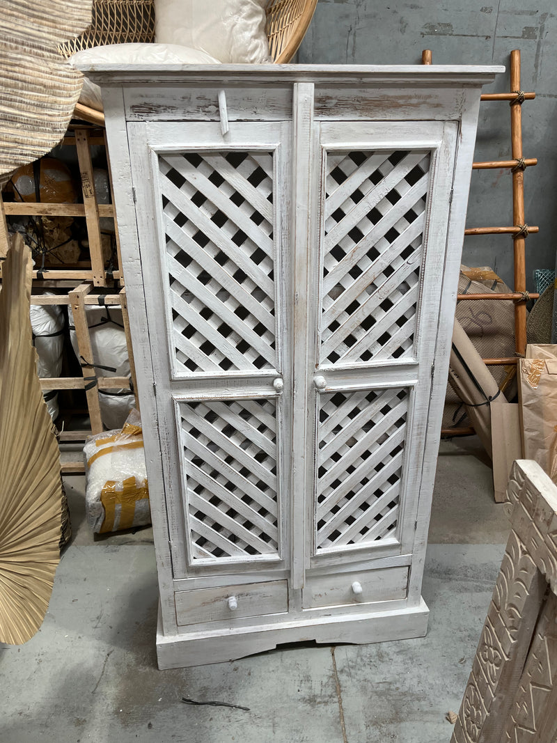 Rustic white cabinet / cupboard with 2 drawers and lattice design doors