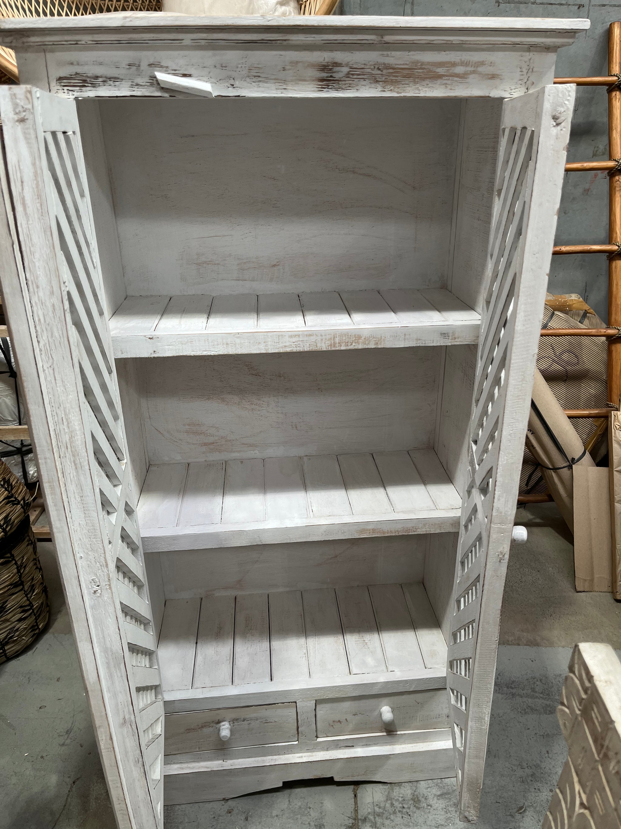 Rustic white cabinet / cupboard with 2 drawers and lattice design doors