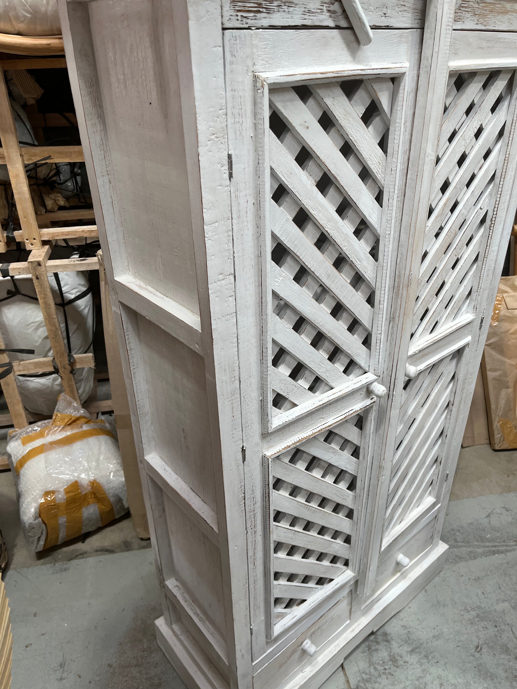 Rustic white cabinet / cupboard with 2 drawers and lattice design doors