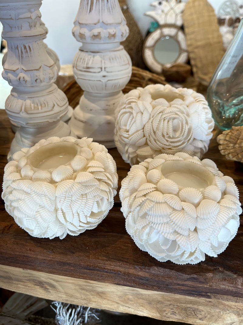 Set 3 white open flower shell tealight / candle holder