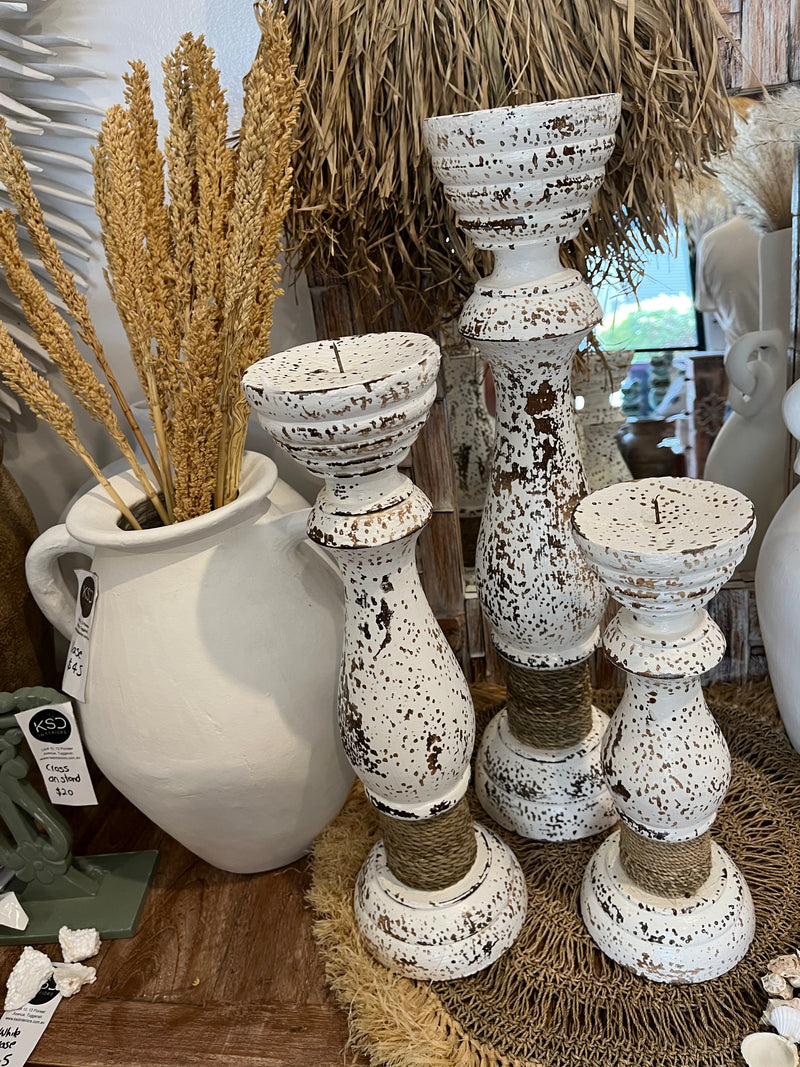 Set 3 rustic white timber candlesticks. Rope detail at bottom