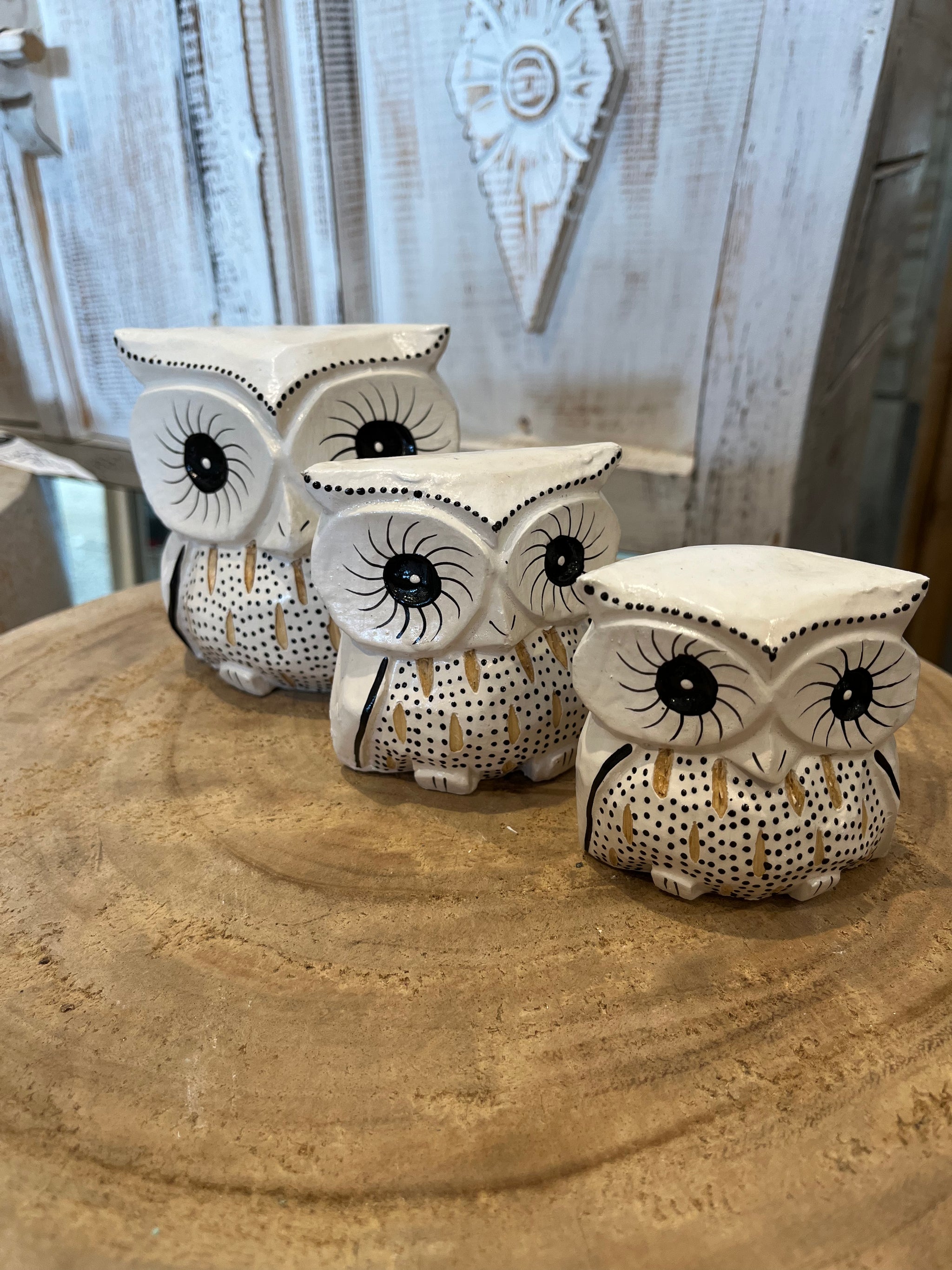 White handpainted timber owls. Set 3