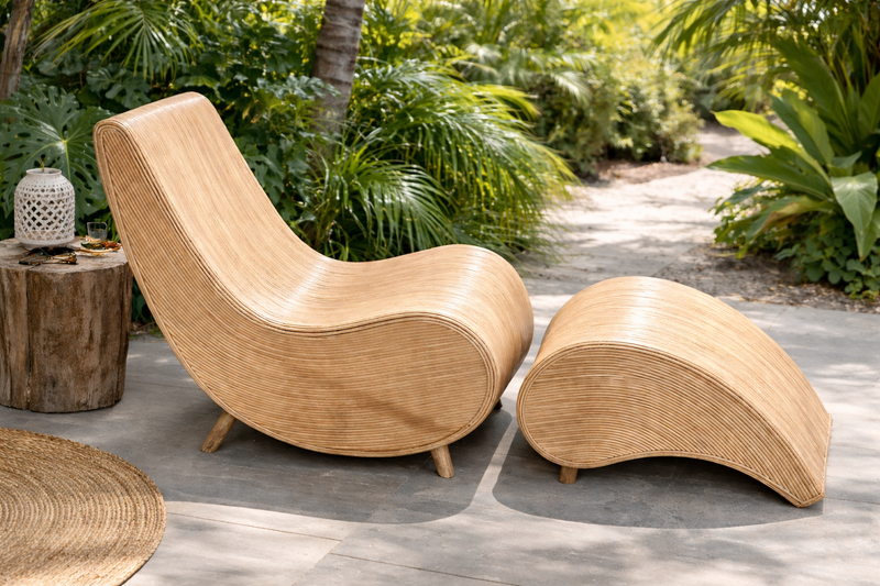 Bali Handmade Cane Lounge Chair with Ottoman / Coastal Boho Chic Furniture