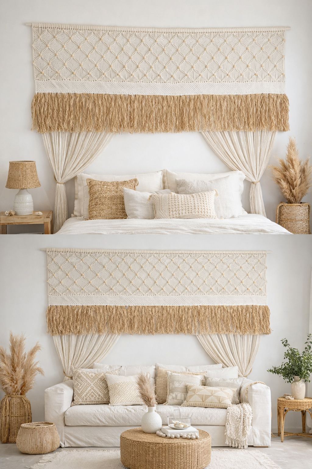 Macrame Bead & Raffia Wall Hanging / Handmade Bali Boho Decor