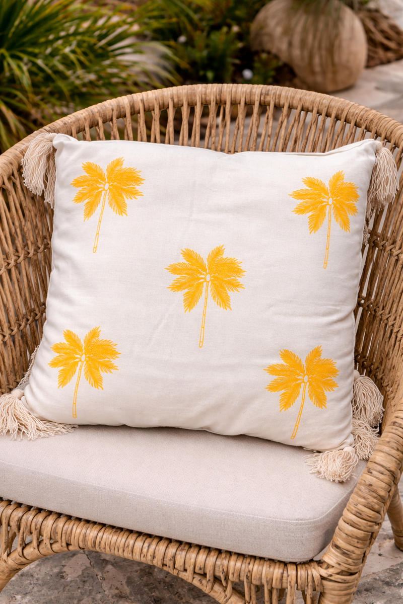 Natural Cushion with Tassle and Palm Tree Design