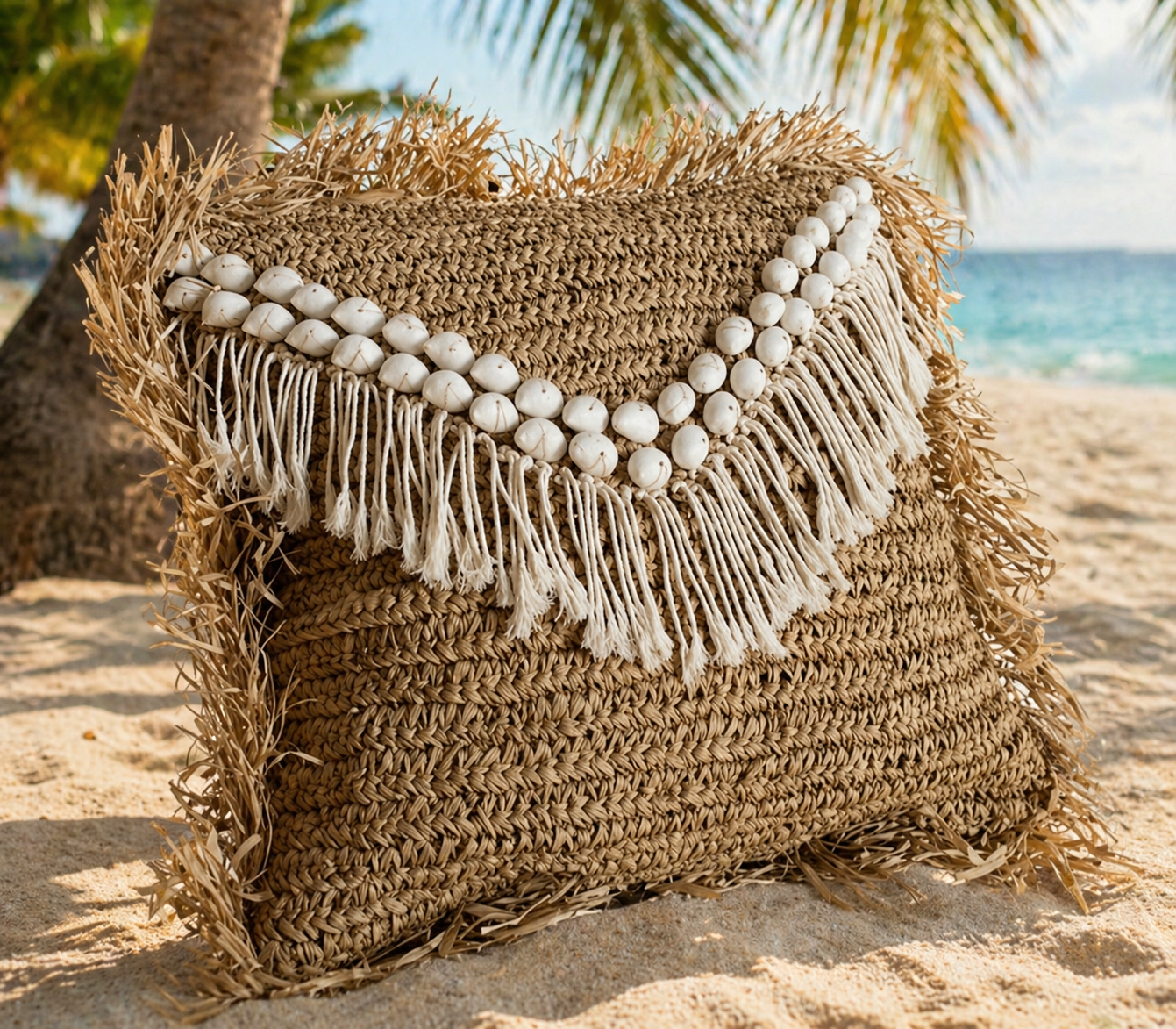 Handmade Seagrass & Shell Cushion – Bali Coastal Boho Decorative Throw Pillow