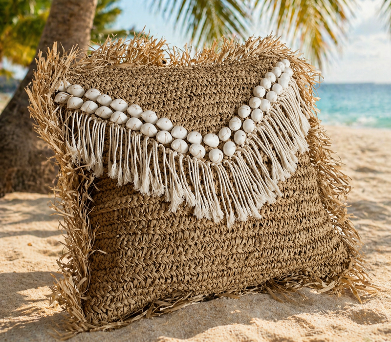 Handmade Seagrass & Shell Cushion – Bali Coastal Boho Decorative Throw Pillow
