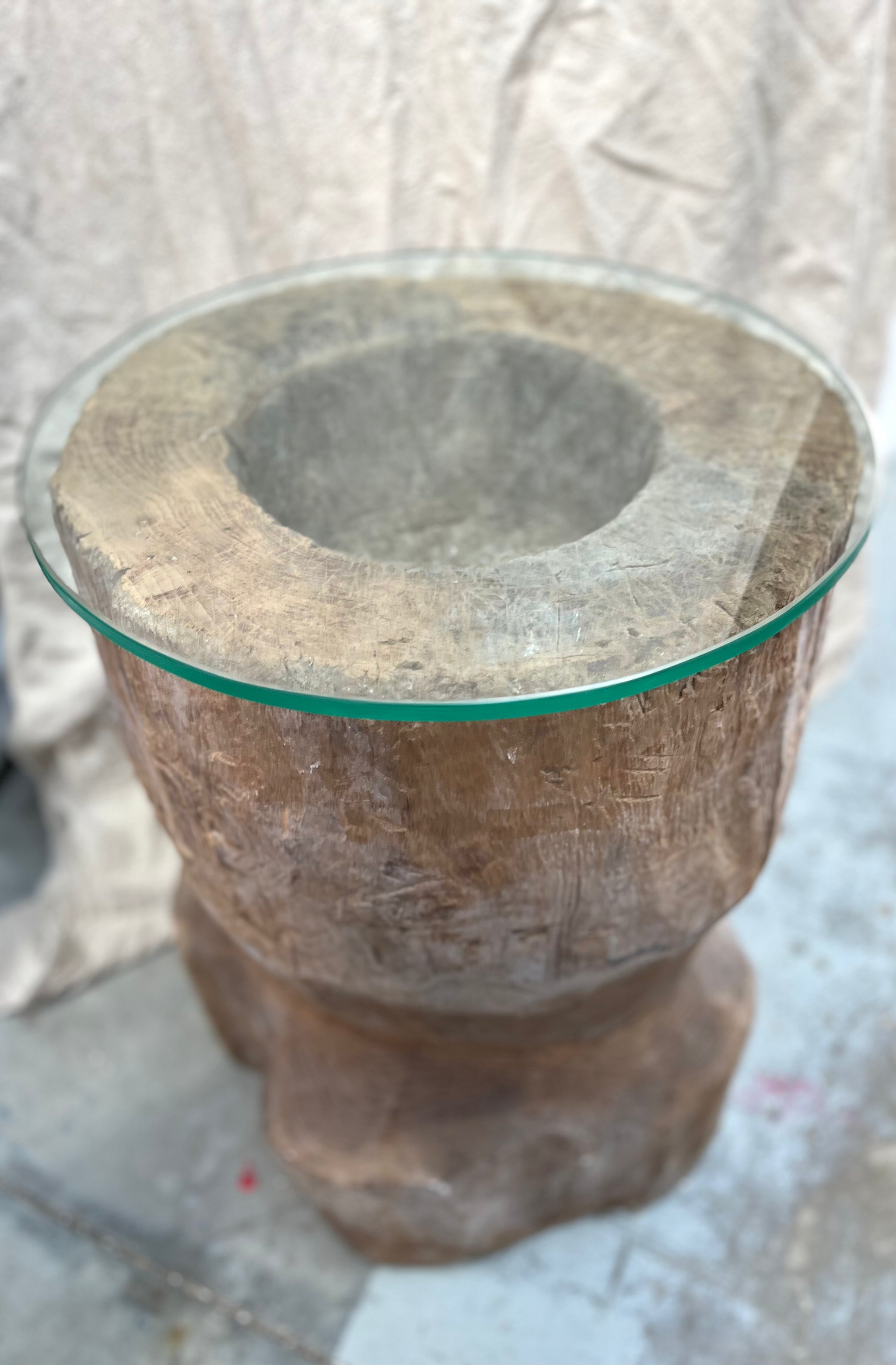 Solid recycled timber coffee / side table with glass top