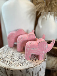 Set 3 timber handcarved elephants - pink.