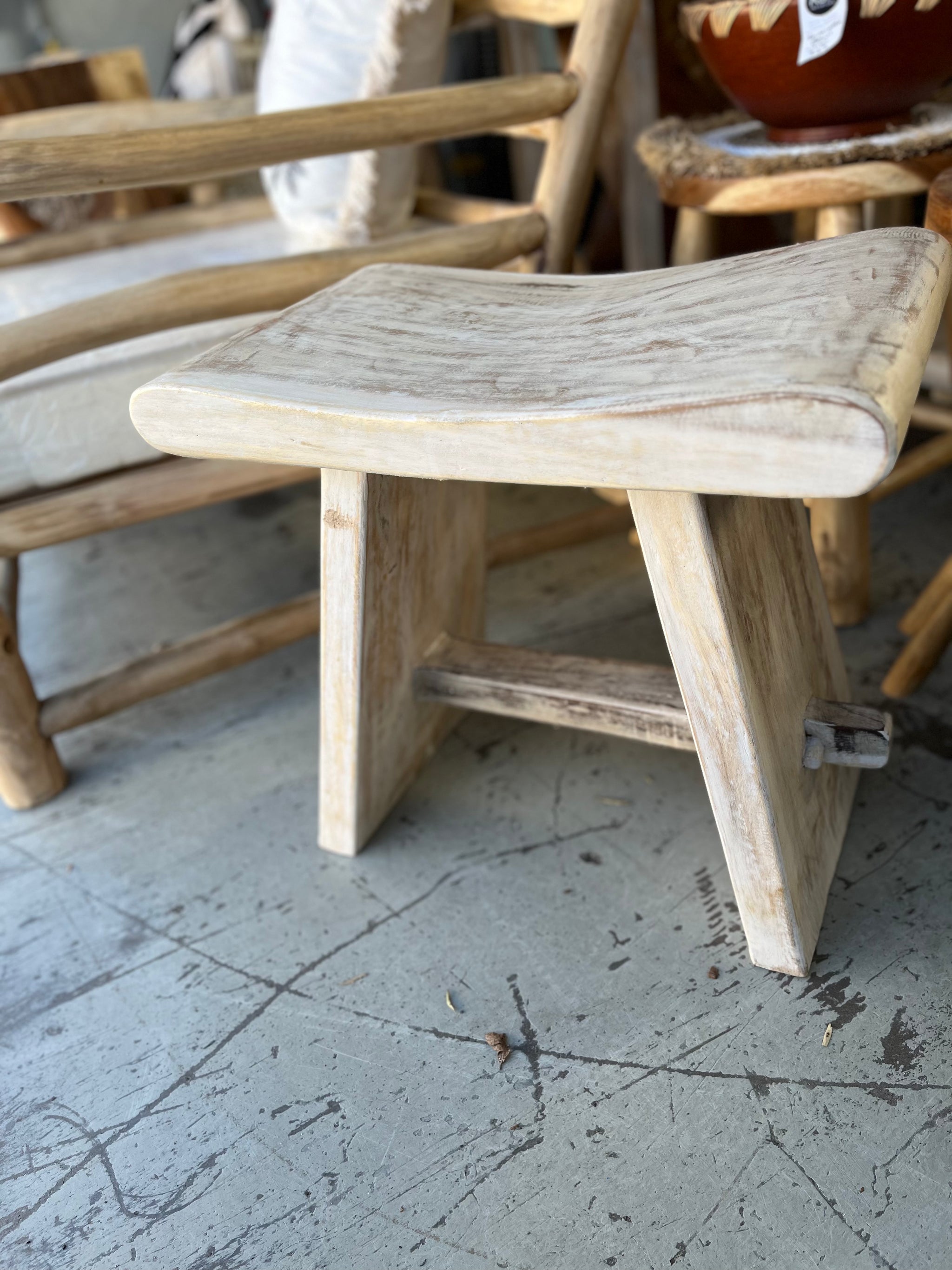 Timber stool / side table. Pin legs. White wash