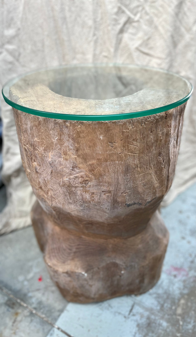 Solid recycled timber coffee / side table with glass top