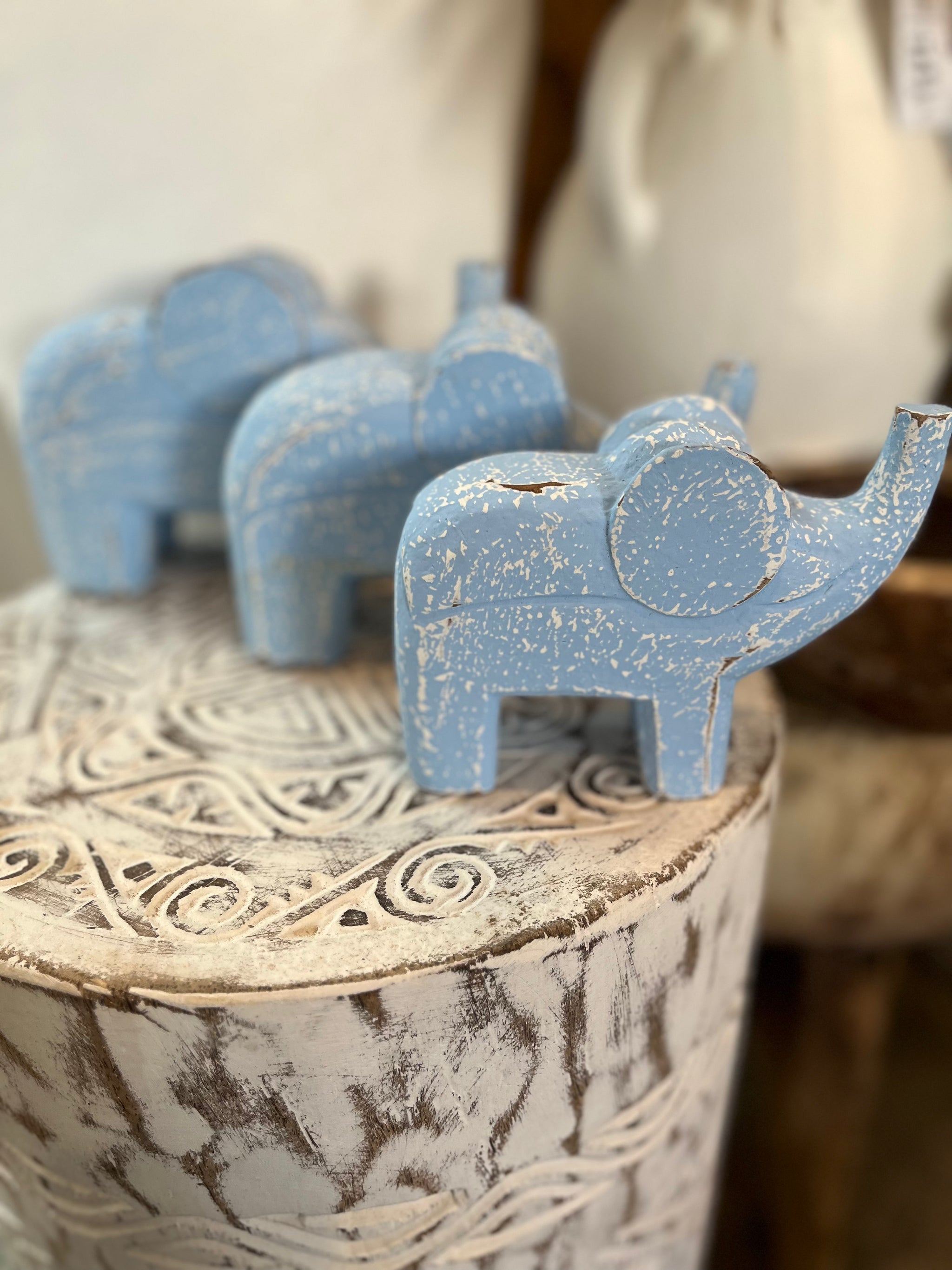 Set 3 timber handcarved elephants - blue.