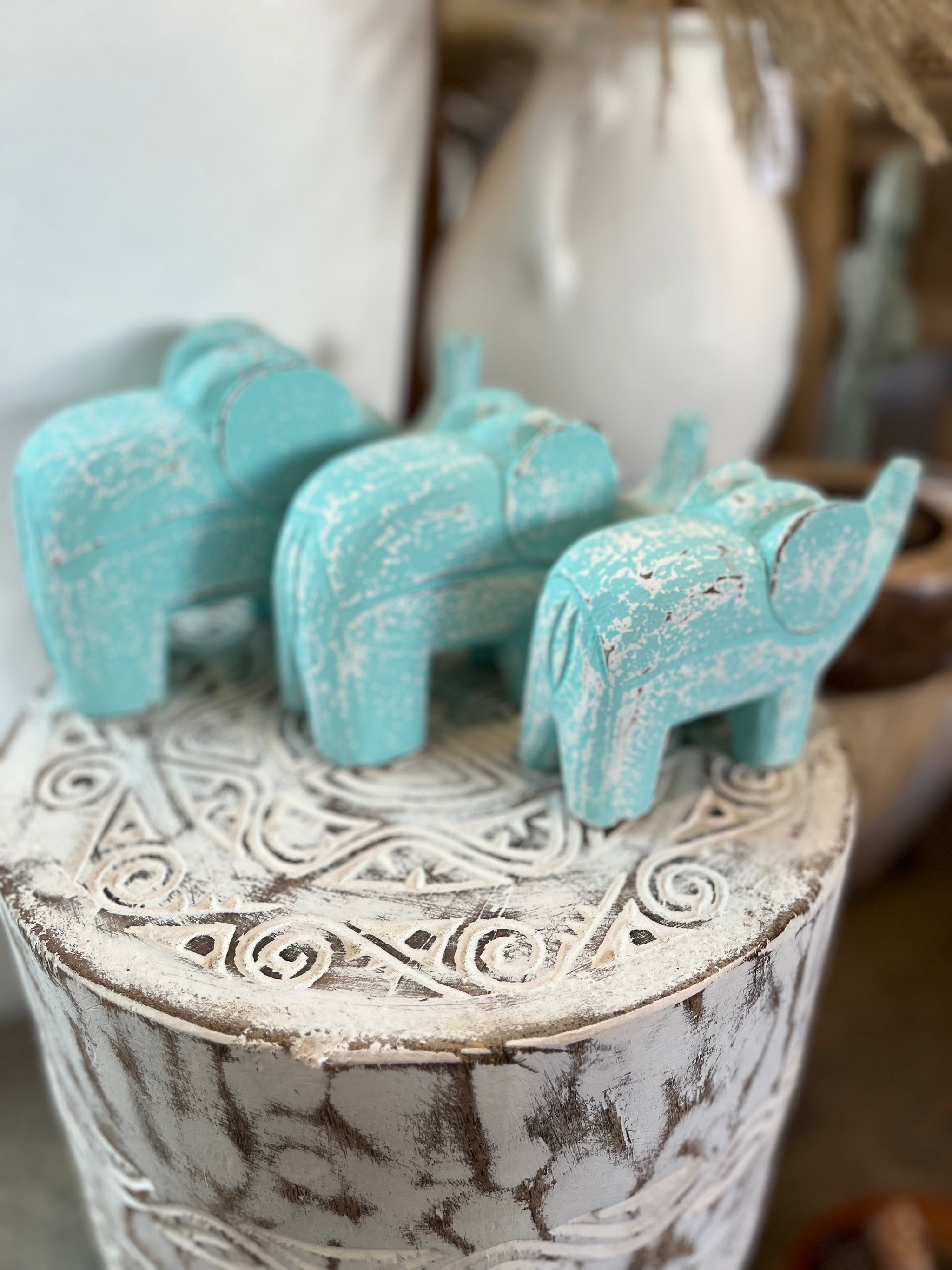 Set 3 timber handcarved elephants aqua / turquoise.