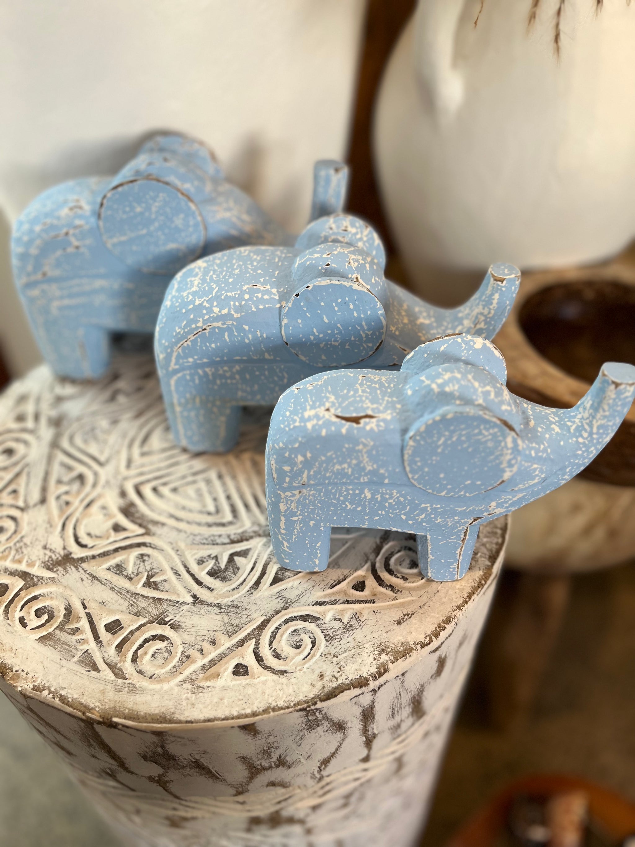 Set 3 timber handcarved elephants - blue.