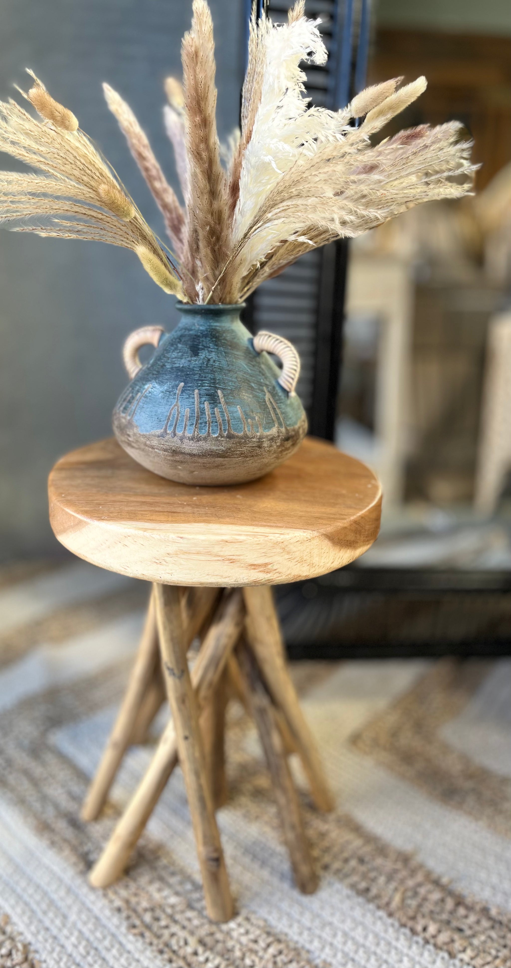 Timber round stool / side table. Angled legs. Natural