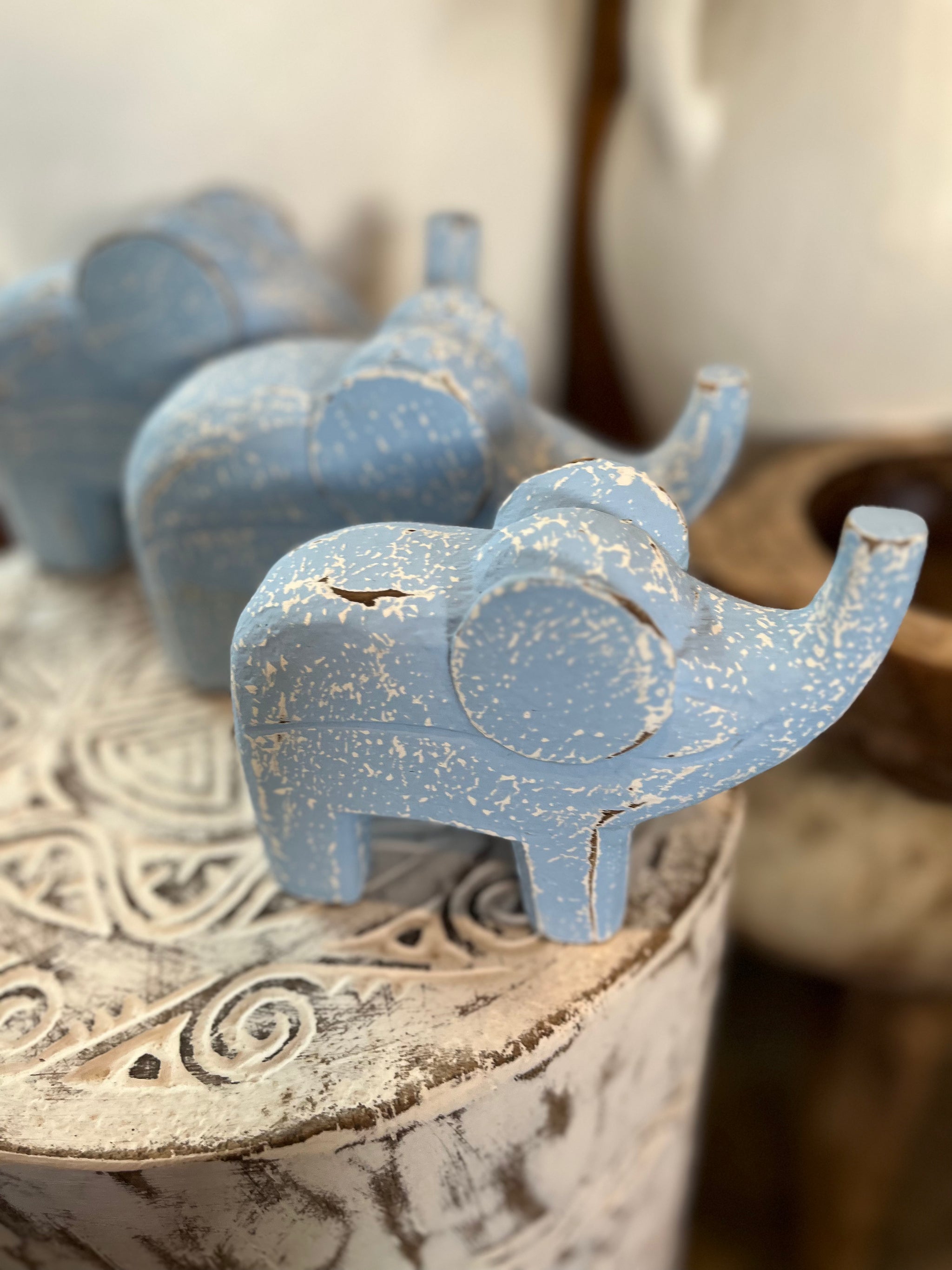 Set 3 timber handcarved elephants - blue.