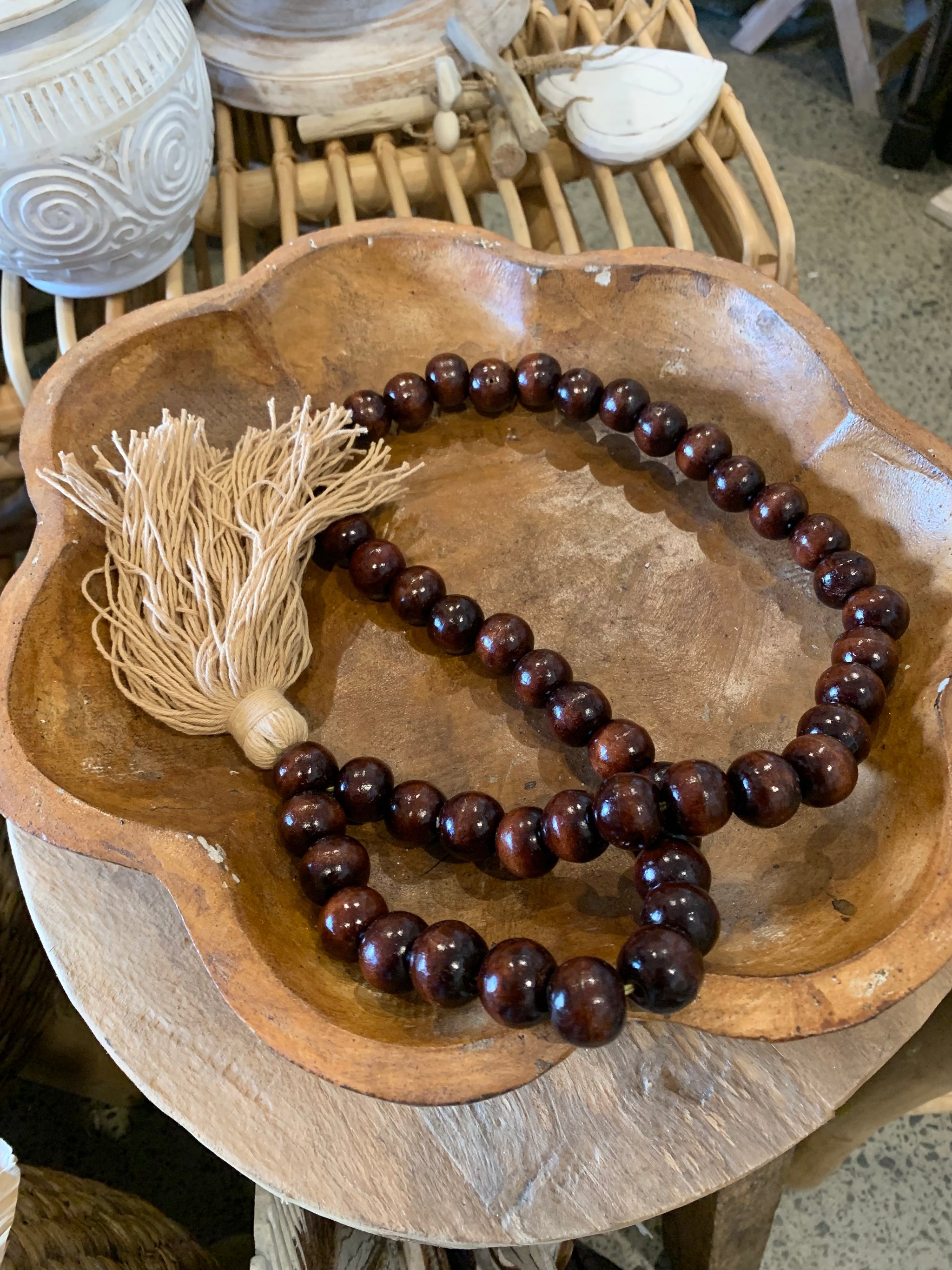 Brown bead necklace / tassel decoration. 60cm approx