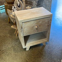 Rustic white wash timber bedside with handcarved detailed drawer