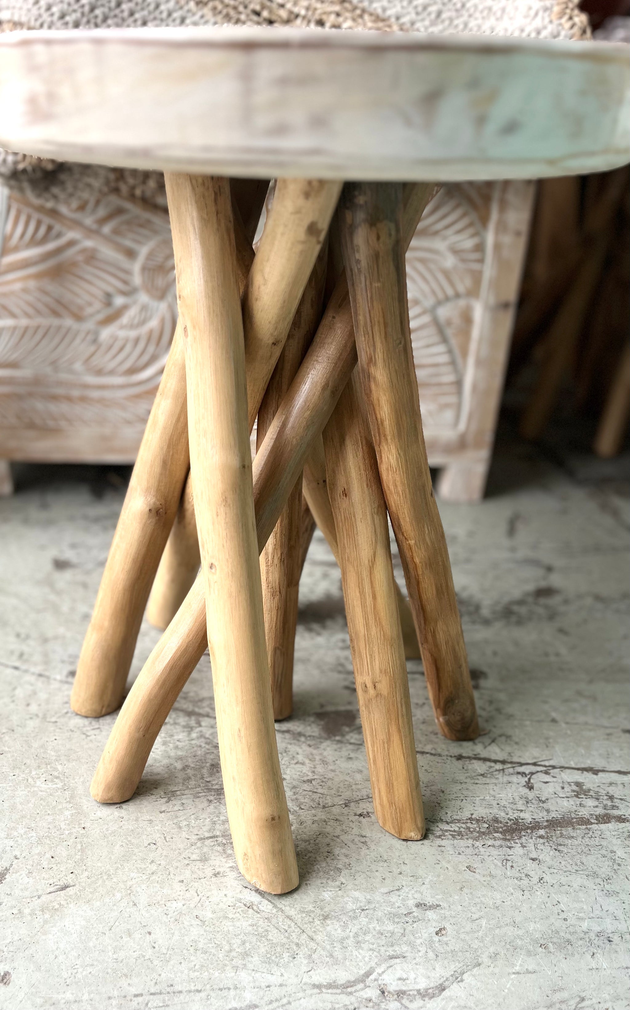 Timber round stool / side table. White wash top and natural angled legs