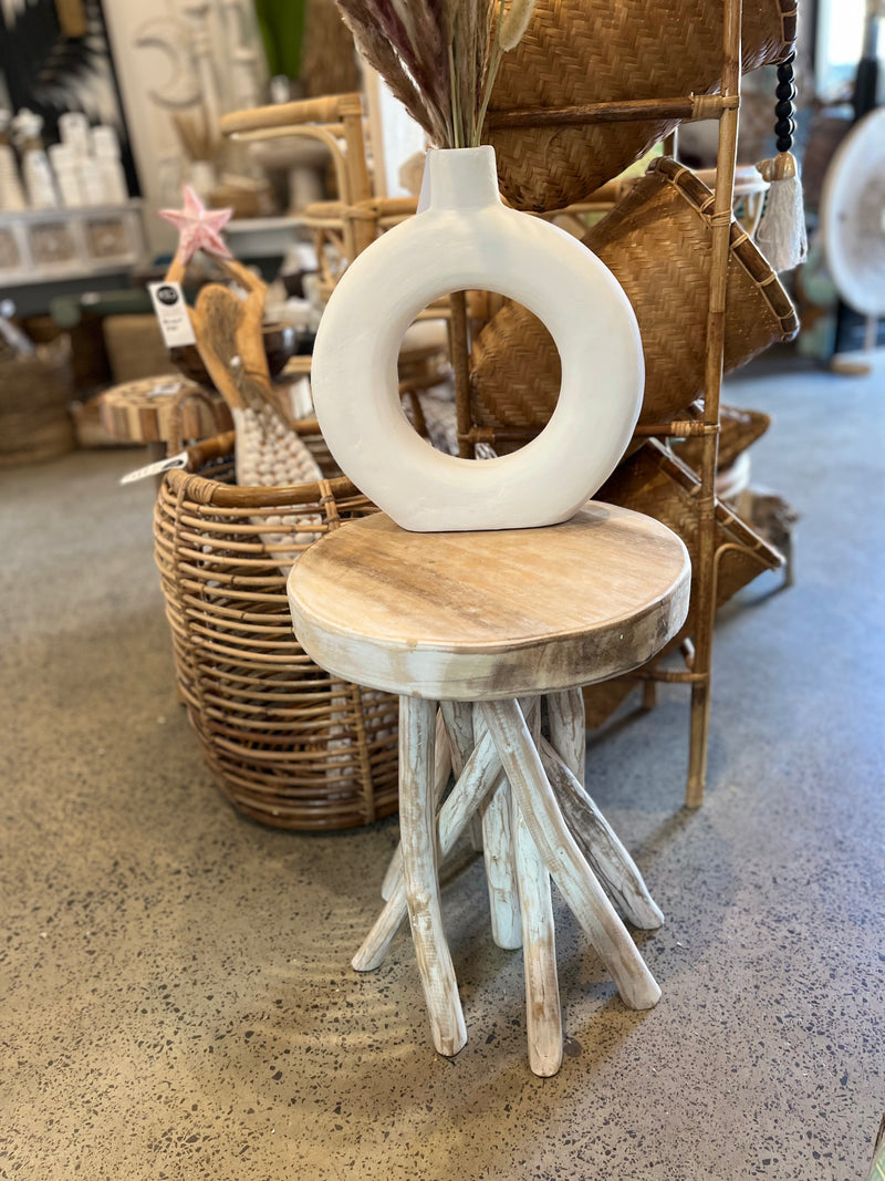 Timber round stool #2 / side table. Angled legs. White wash