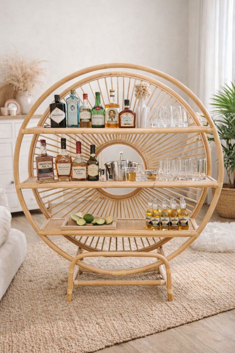 Handmade Bali Round Cane Display Stand | Coastal Boho Furniture