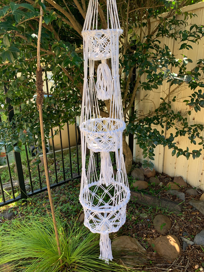 Macrame triple pot holder white.