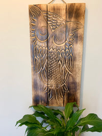 Timber panels wall hanging. Owl painting. Brown