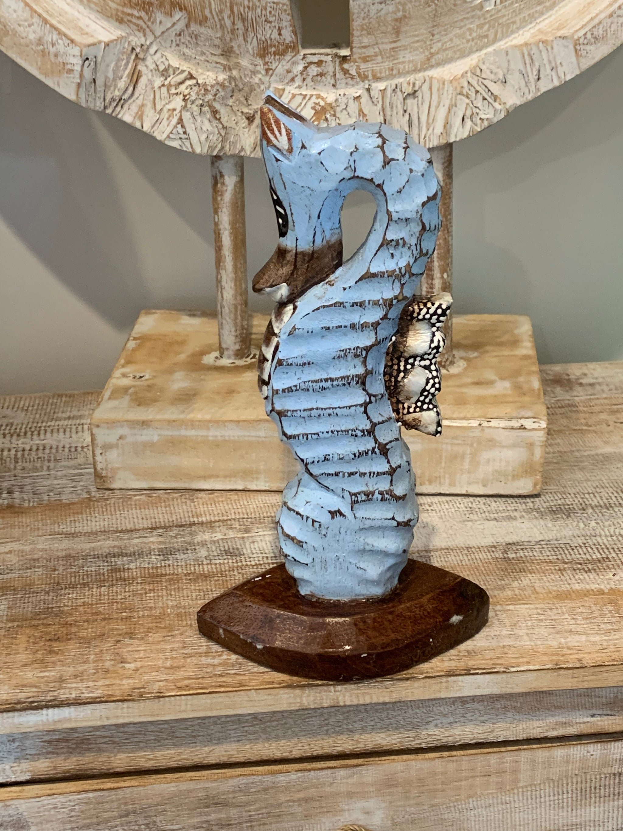 Handpainted blue timber seahorse