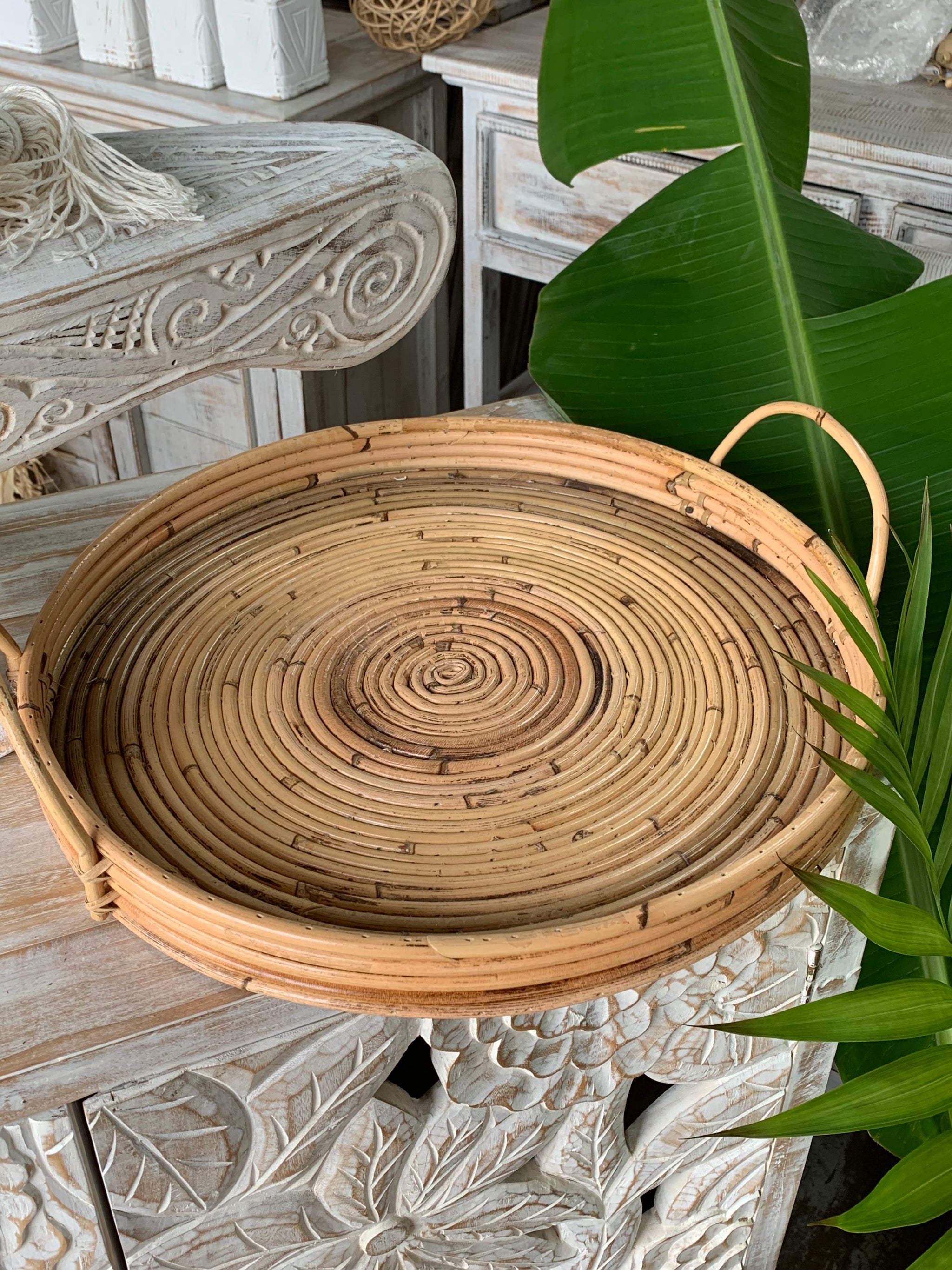 Rattan round tray with handles 40cm. Usually $35