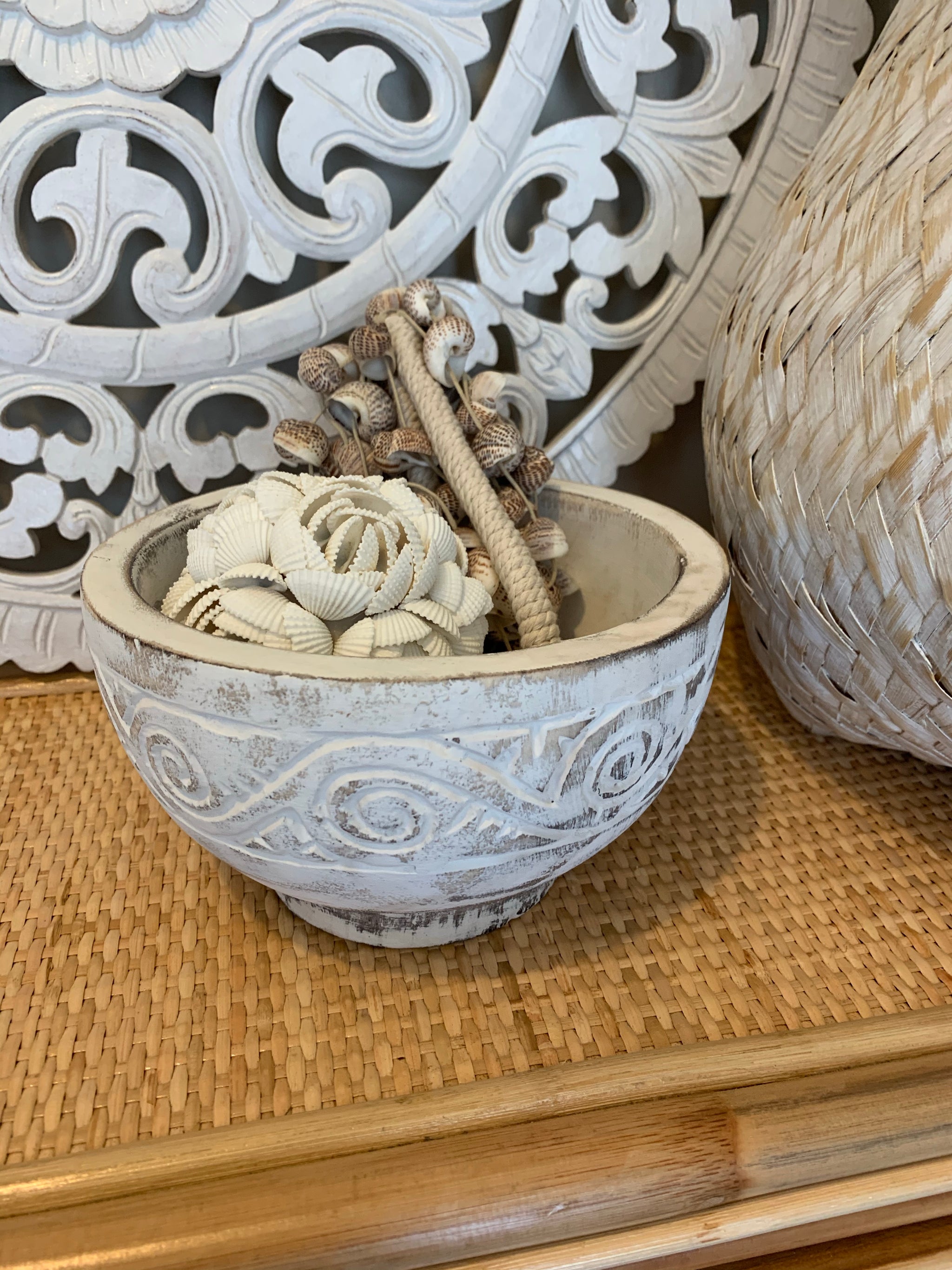 White handcarved timber decorative bowl 19cm x 10cm