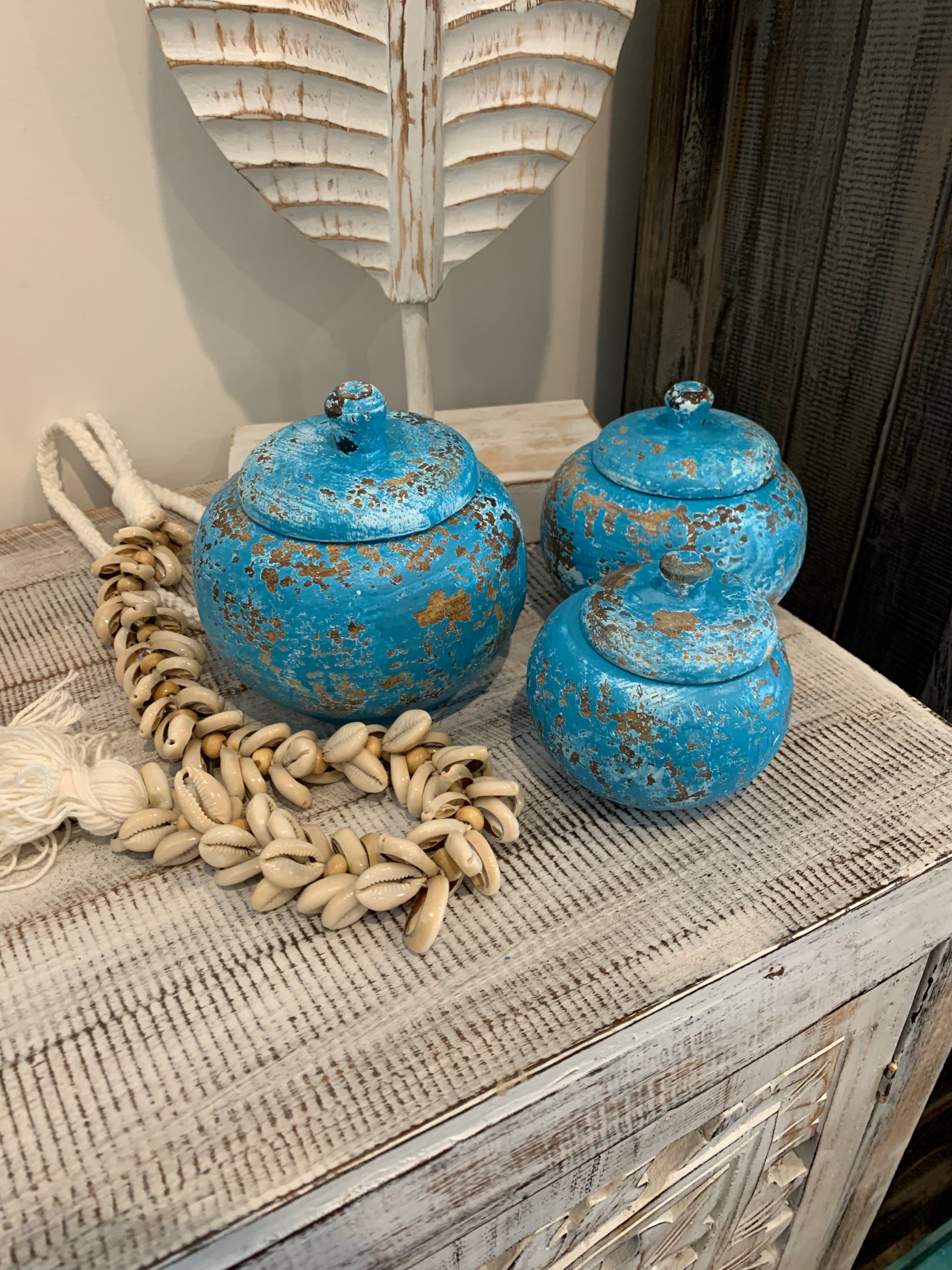 Set 3 rustic blue timber pots with lids