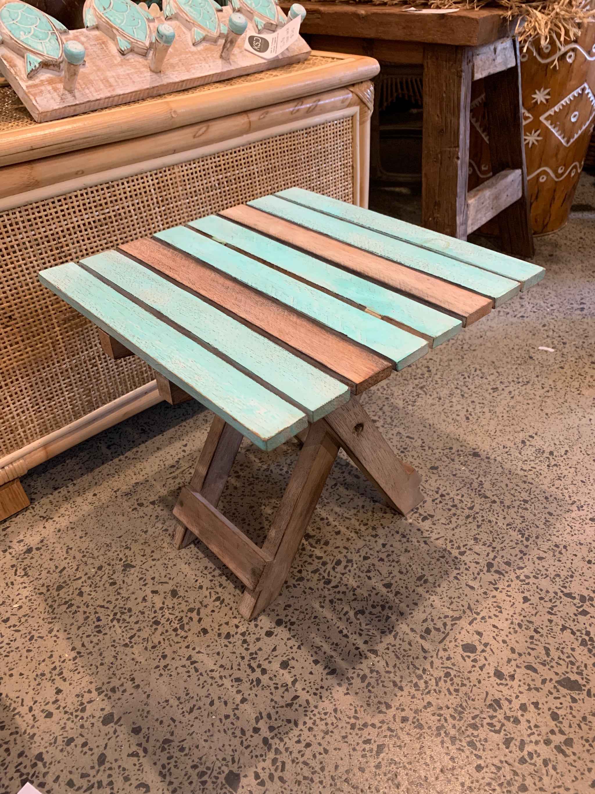 Folding timber square design table. Turquoise / brown