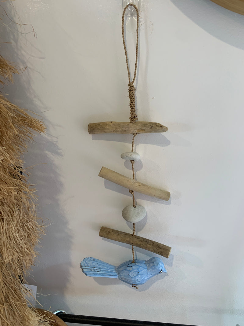 Timber bird hanging decoration. Light blue