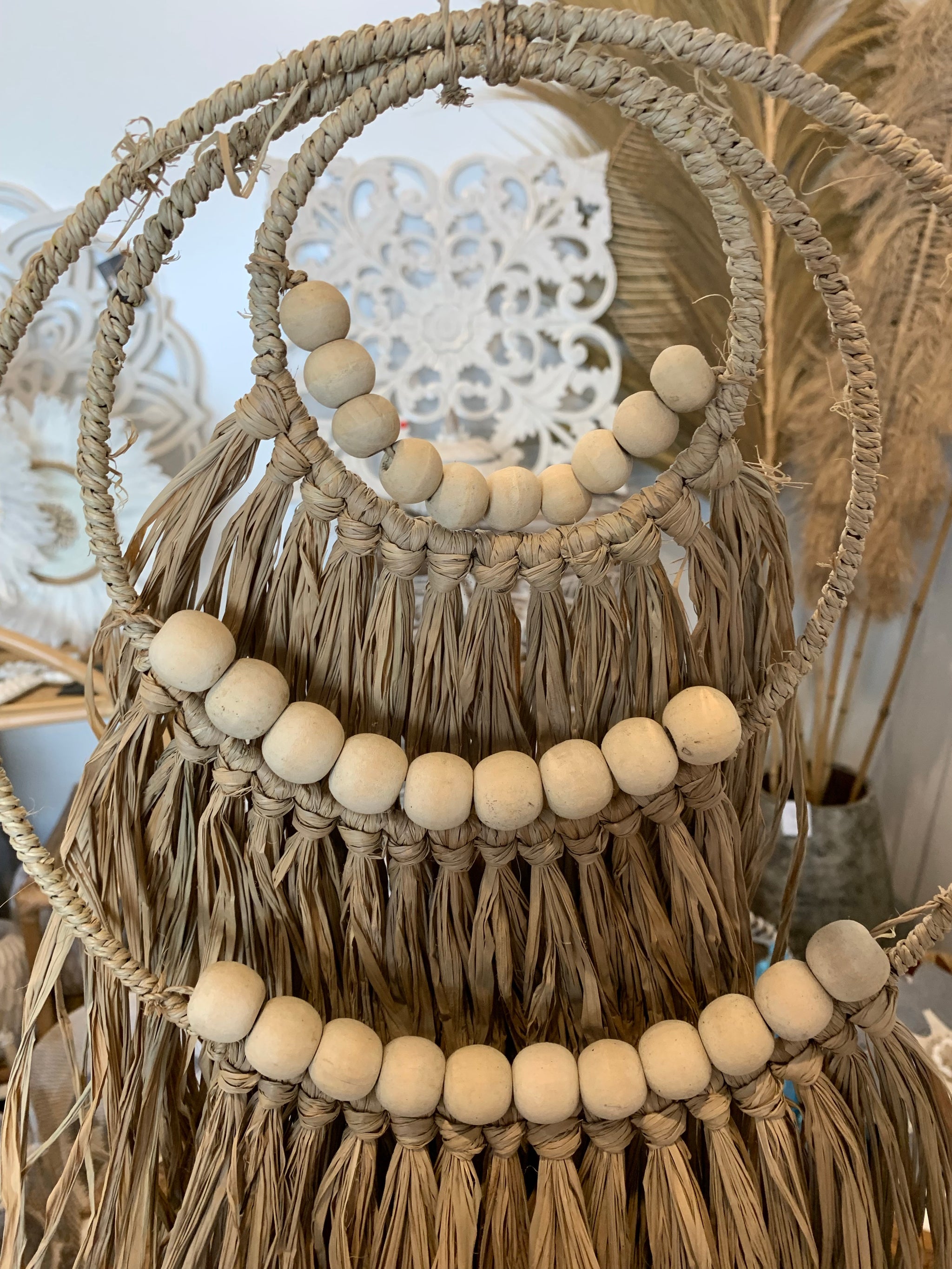 Raffia and bead layered hanging