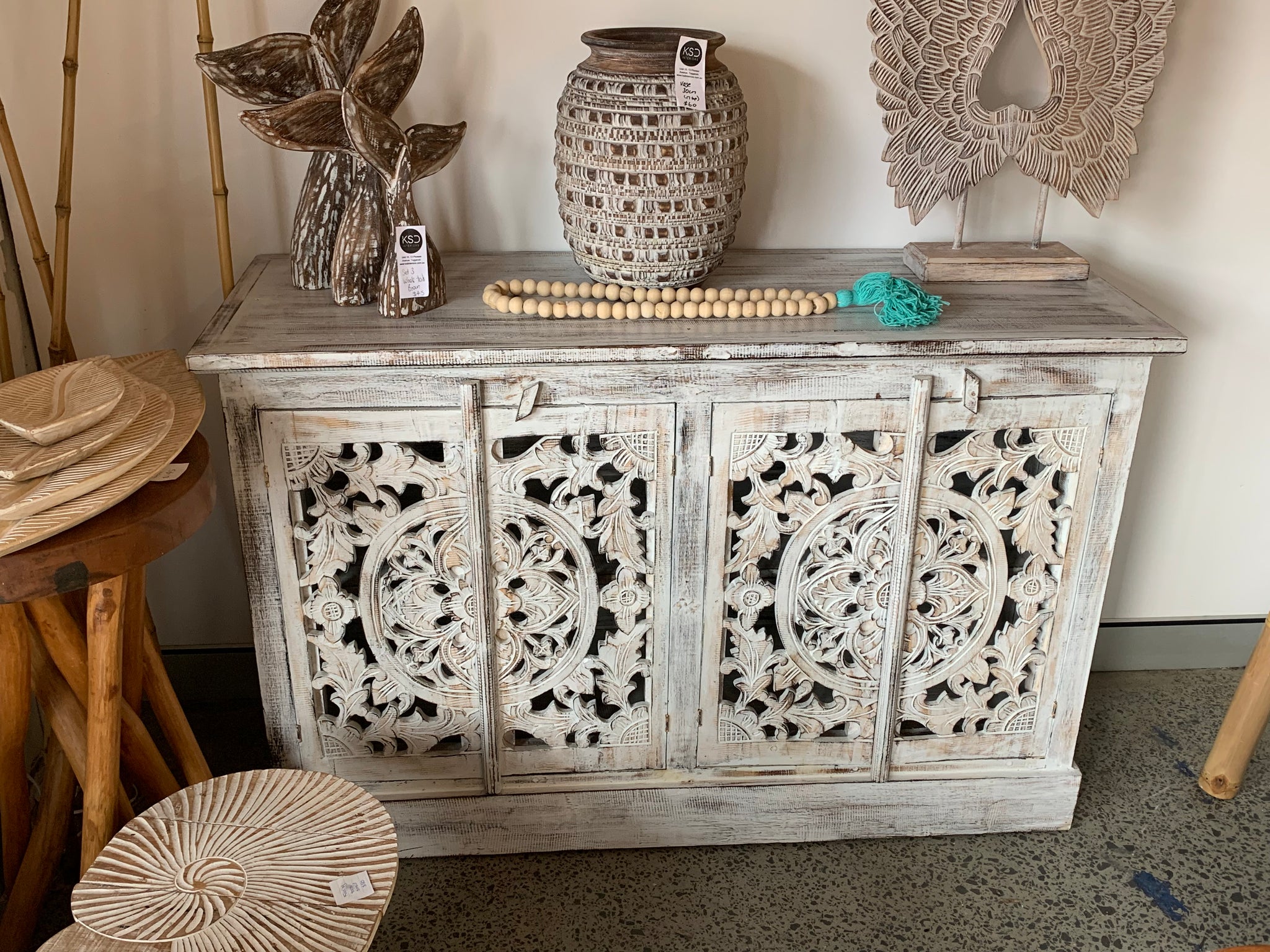 Carved rustic white timber cabinet with 4 doors