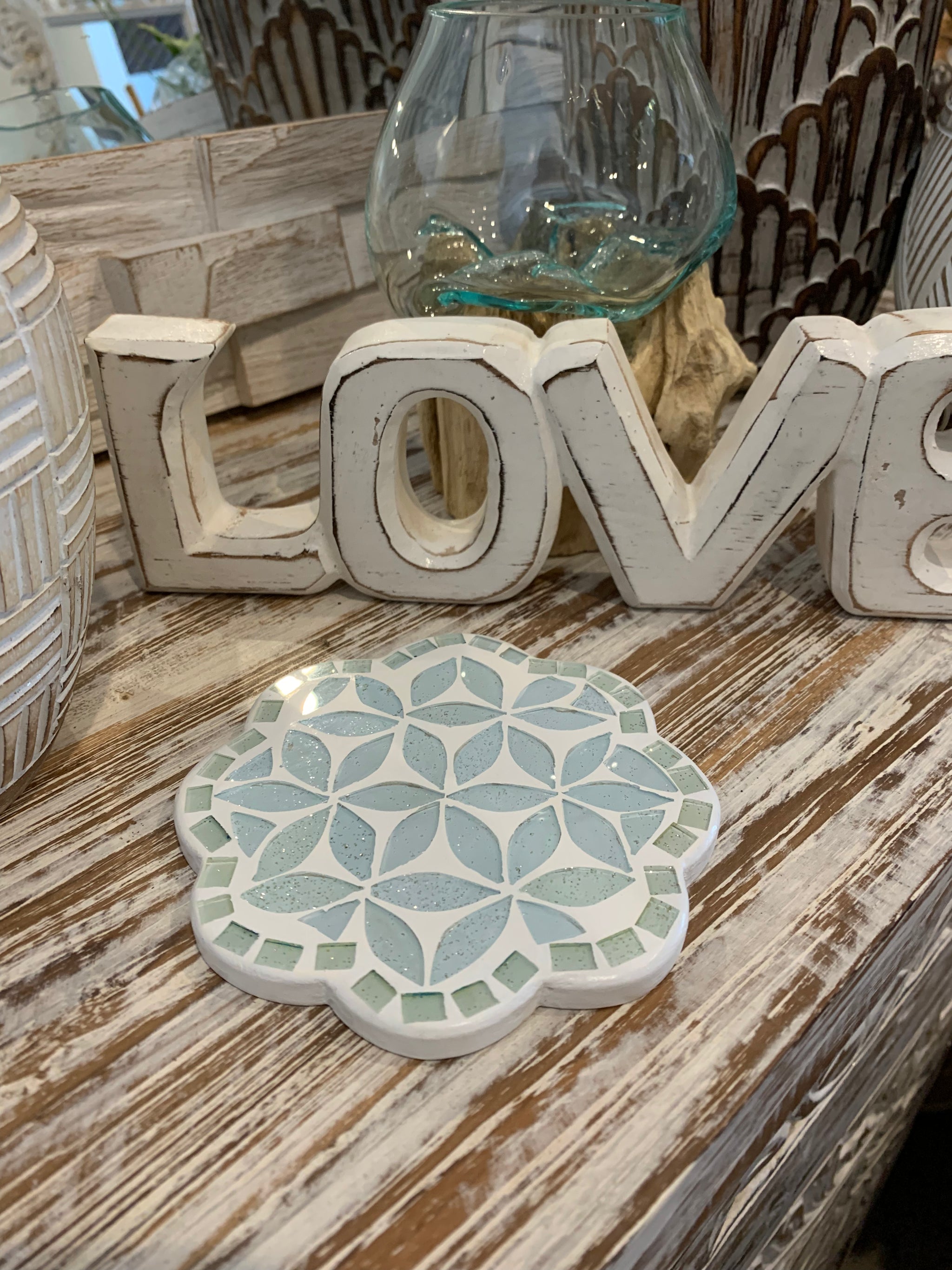 Light blue / green coaster inlay design