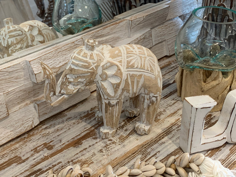 Timber handcarved elephants white wash. Small