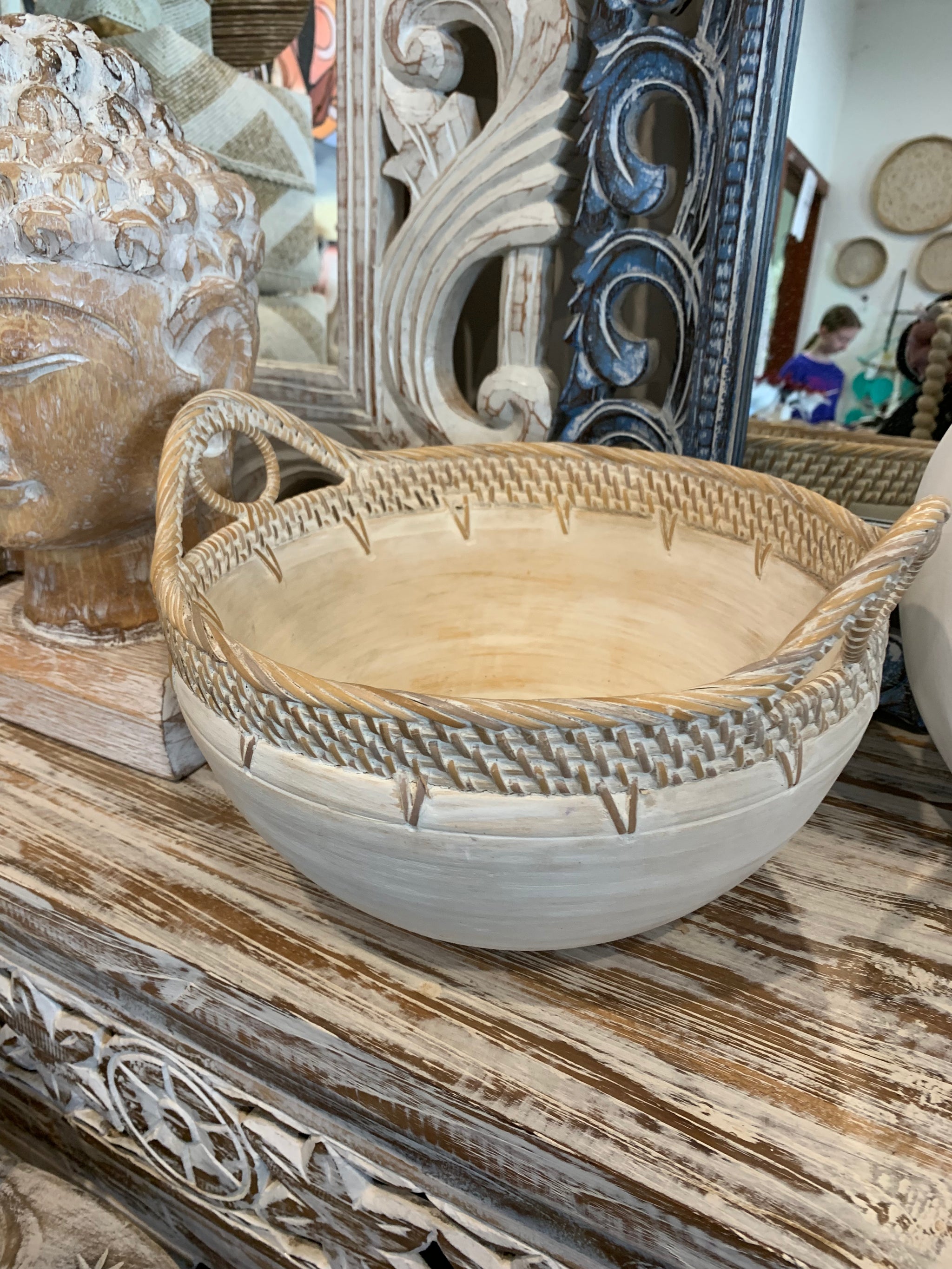 White bowl with decorative trim and handles S