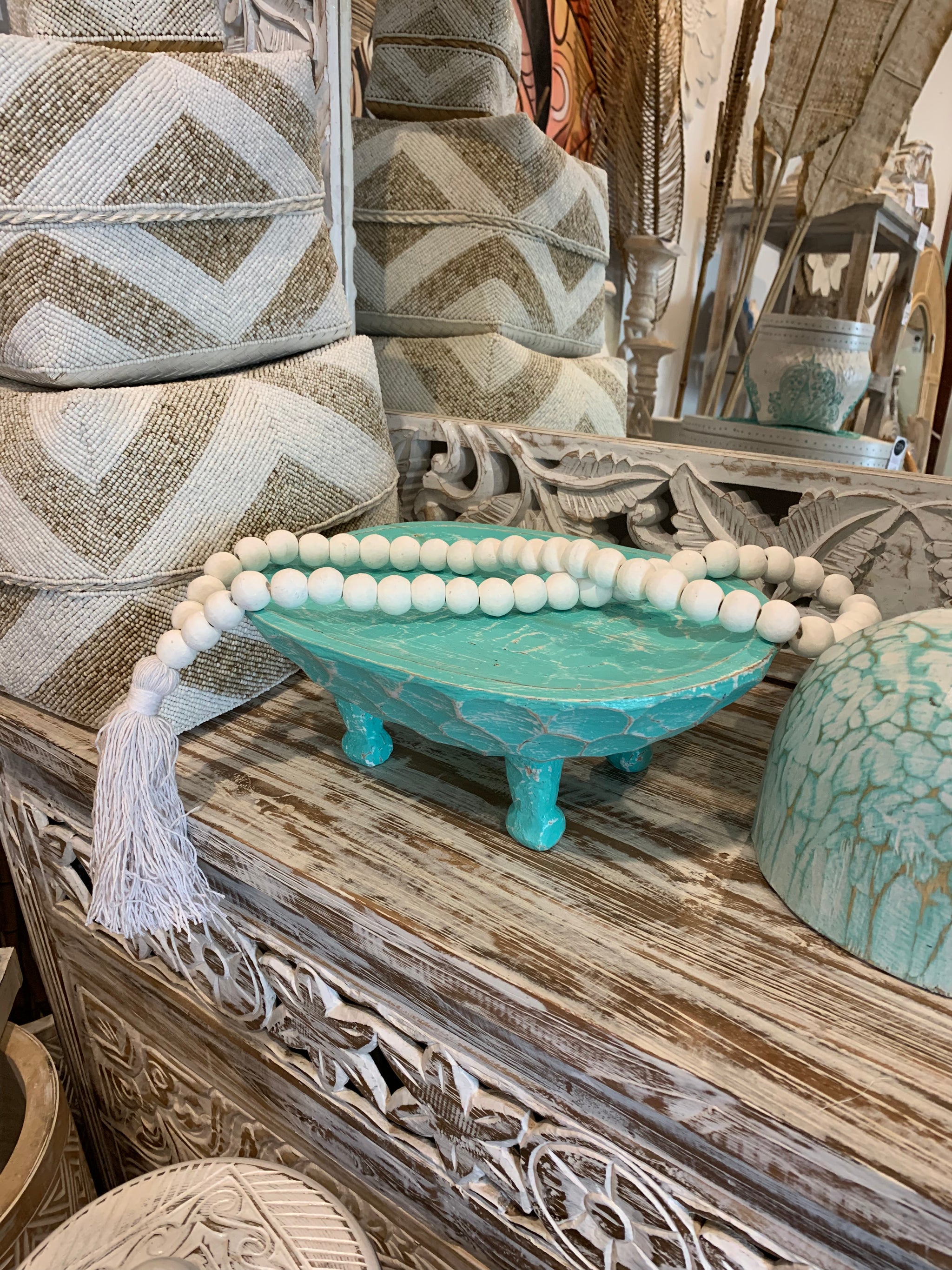 Turquoise timber decorative platter on legs 30cm