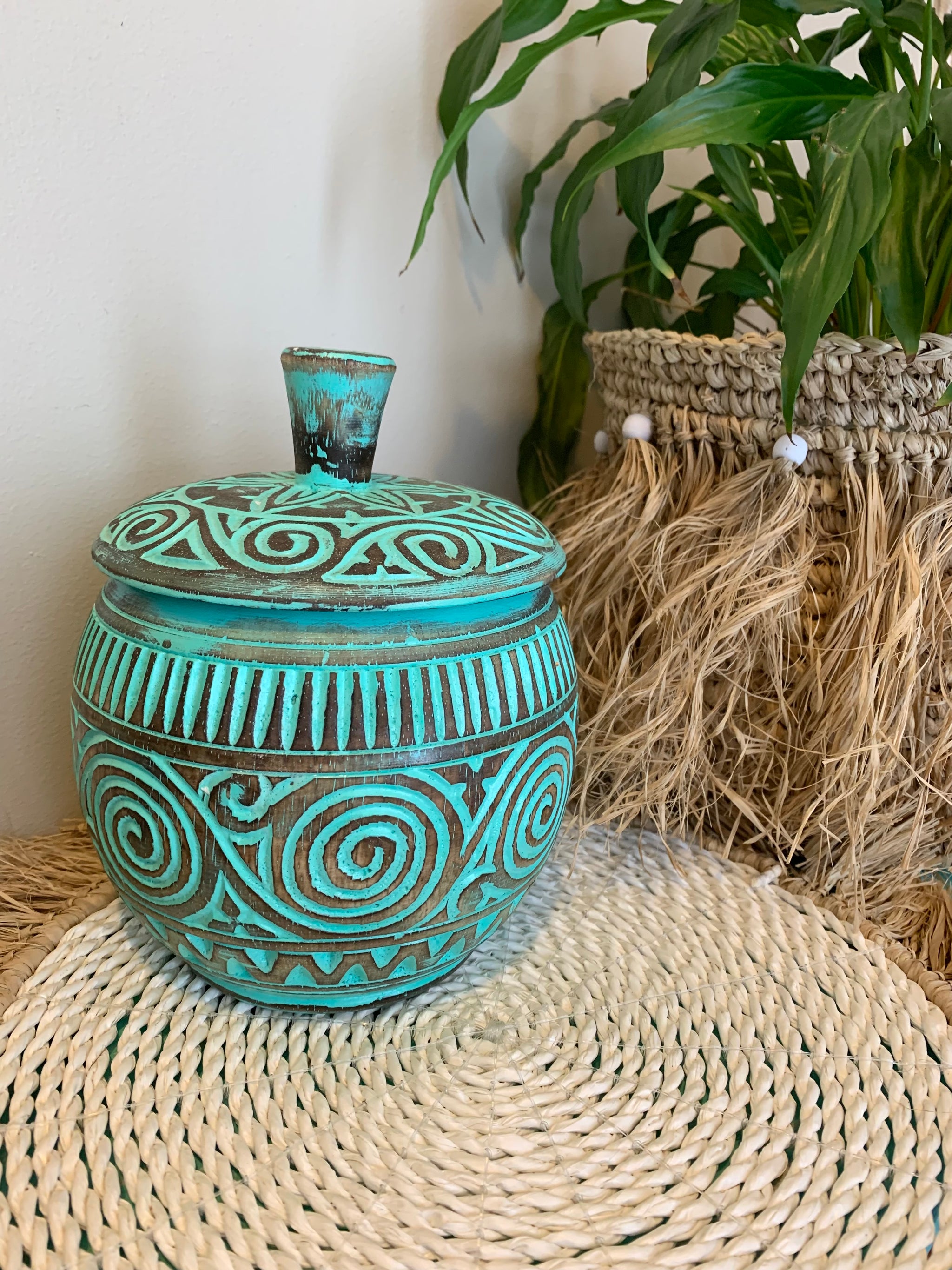 Turquoise Carved Brown timber pot with lid