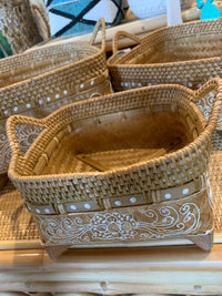 Set 3 woven natural baskets with mandala hand painting