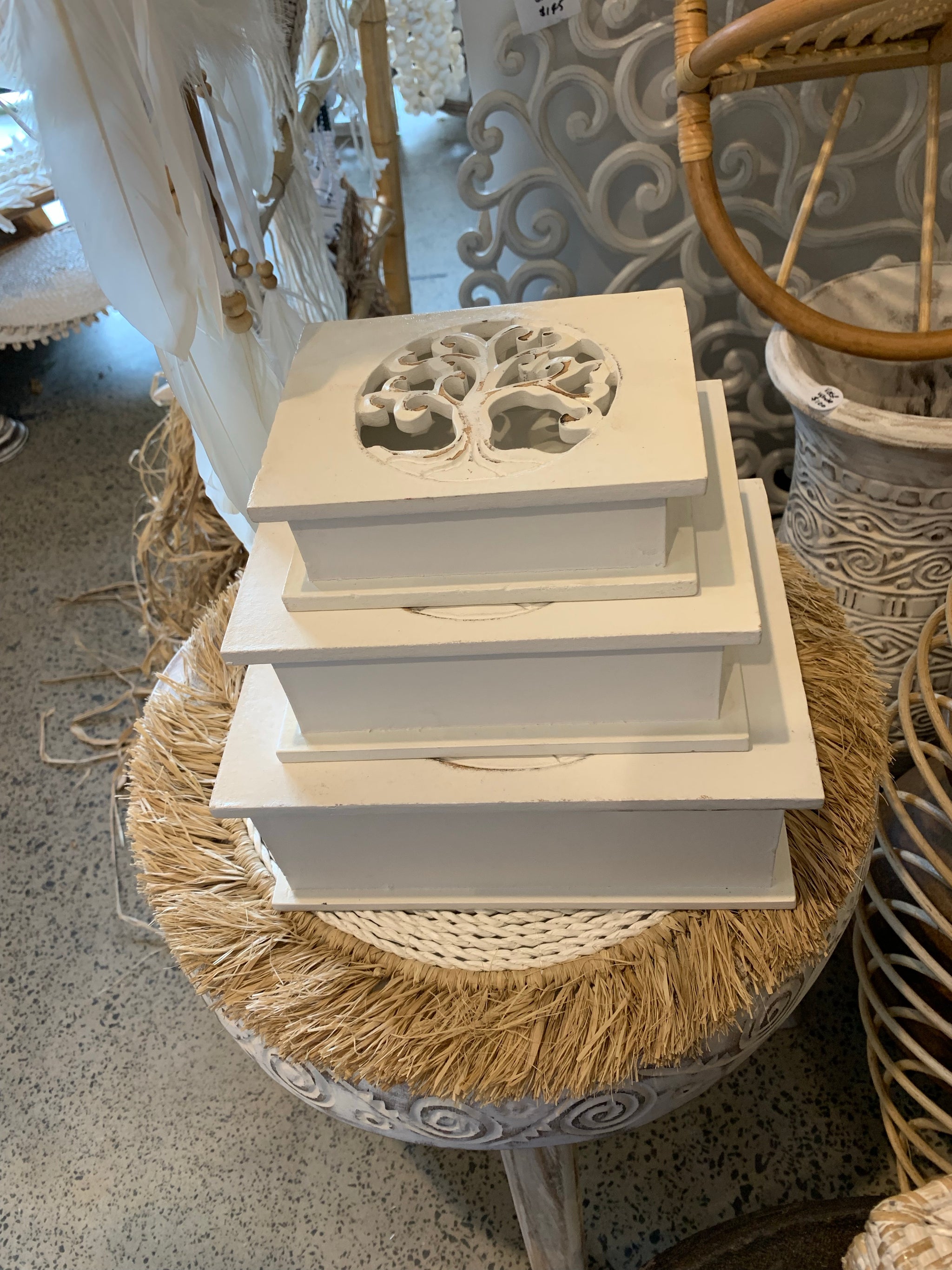 Set of 3 Carved tree of life white boxes with hinged lid. Jewellery / storage. Free postage