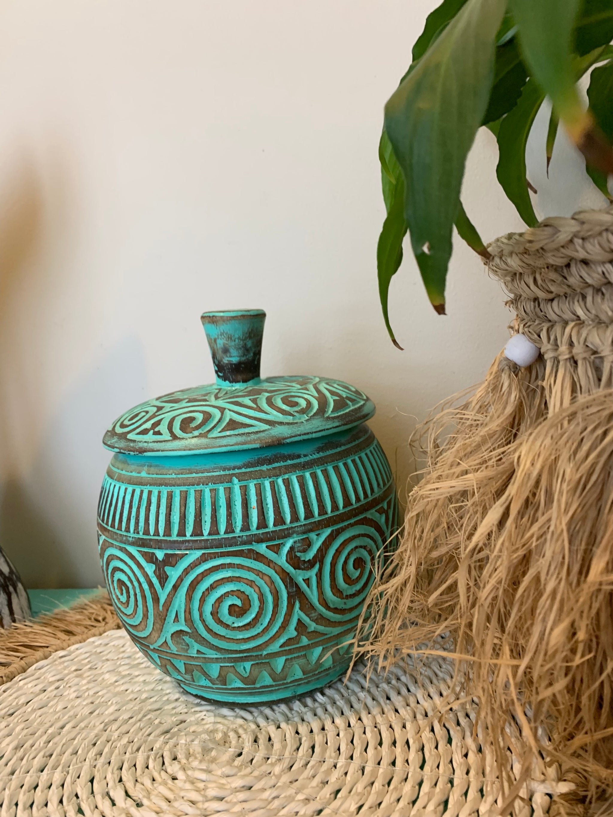 Turquoise Carved Brown timber pot with lid