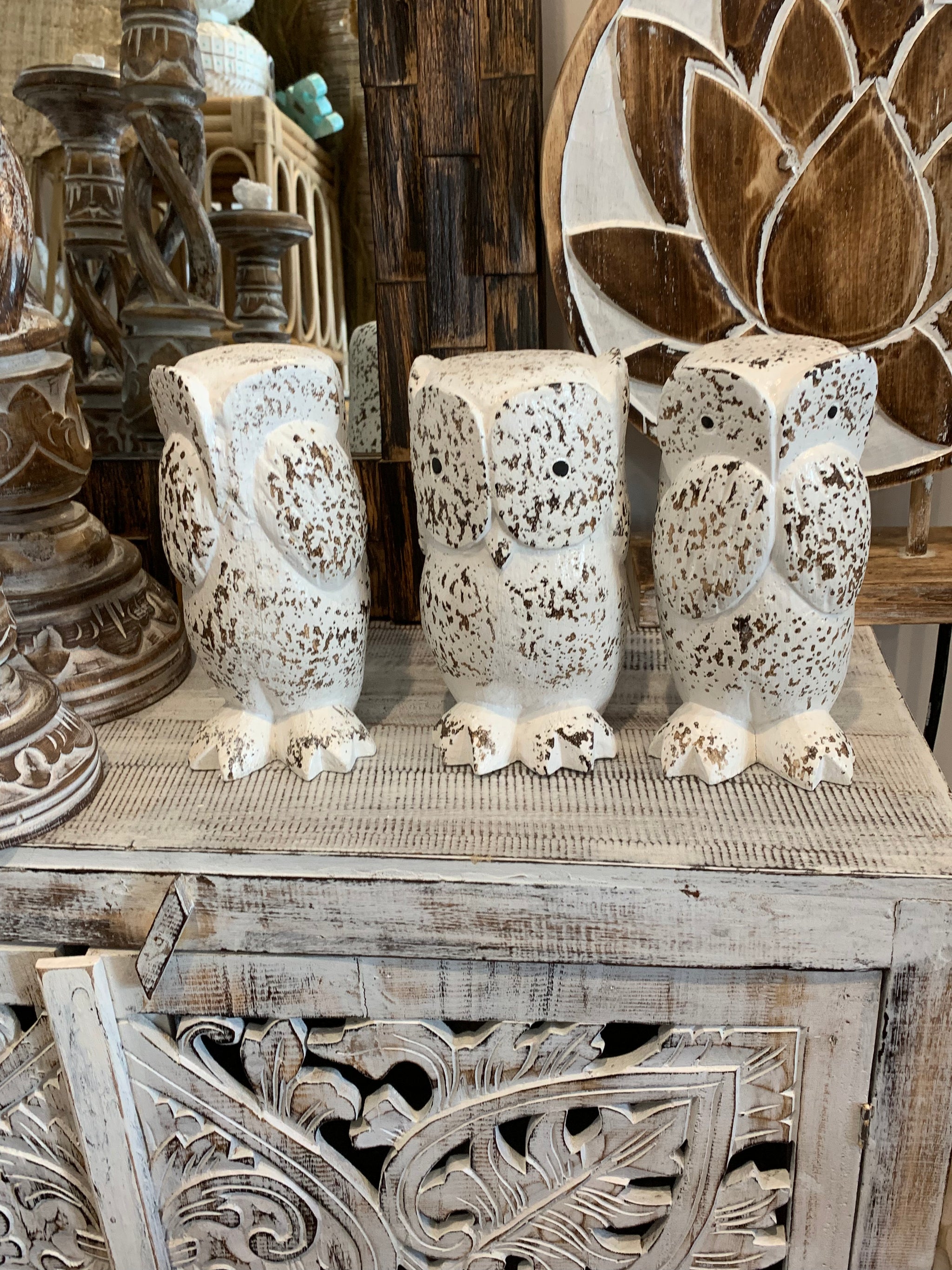 See no evil, hear no evil, speak no evil. Timber owls. Set 3. Rustic white finish. EOFY sale. Usually $40