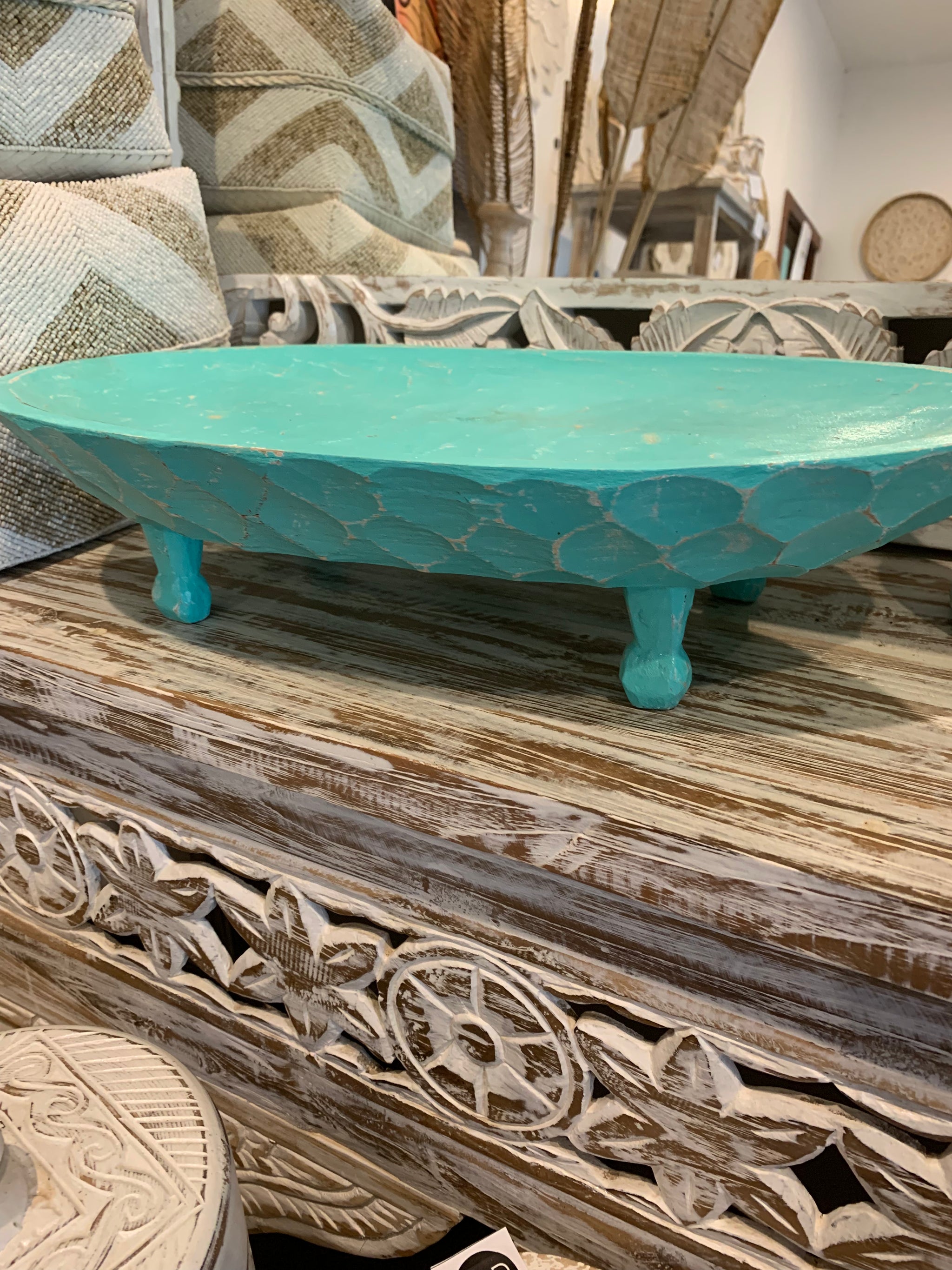 Turquoise timber decorative platter on legs 49cm