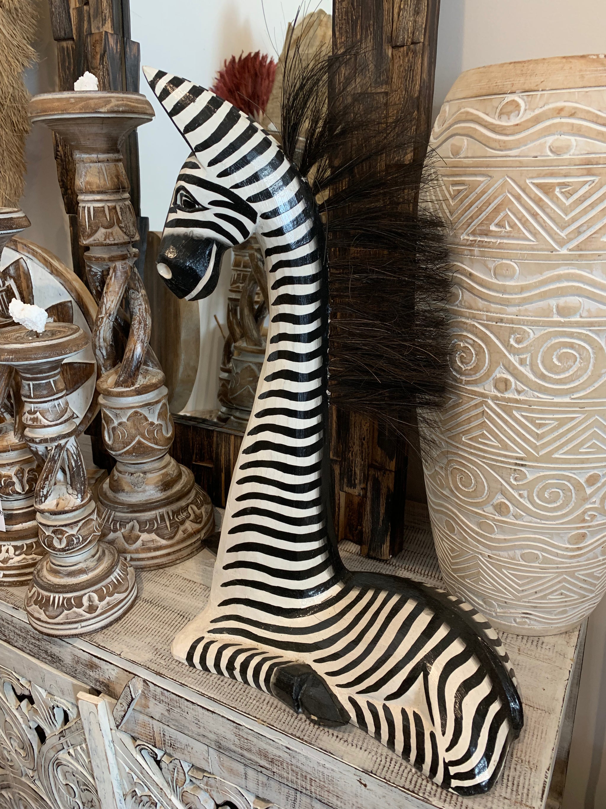 Timber handpainted zebra decoration. L