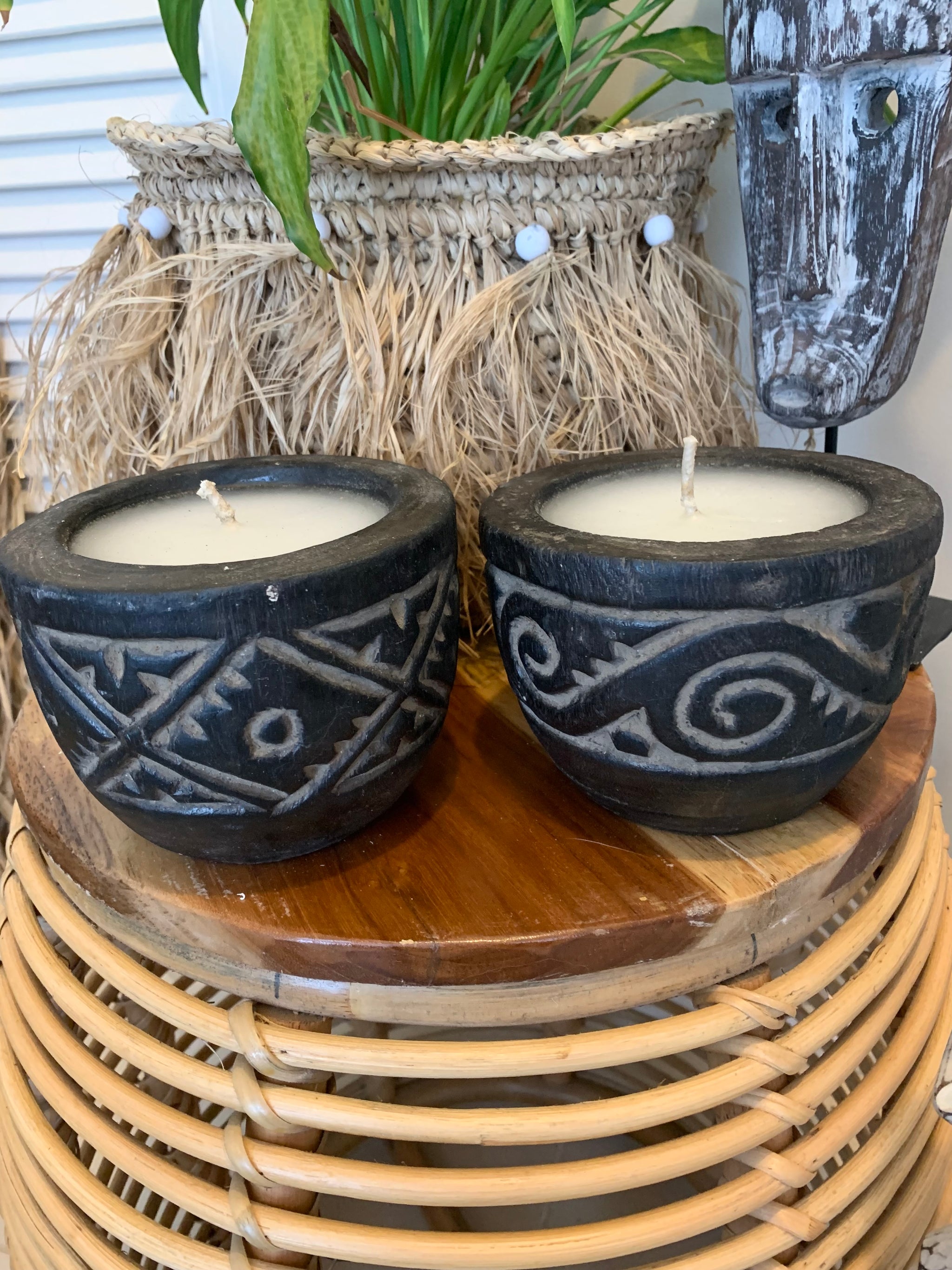 Handcarved timber candle. Available in black or white. $25 each