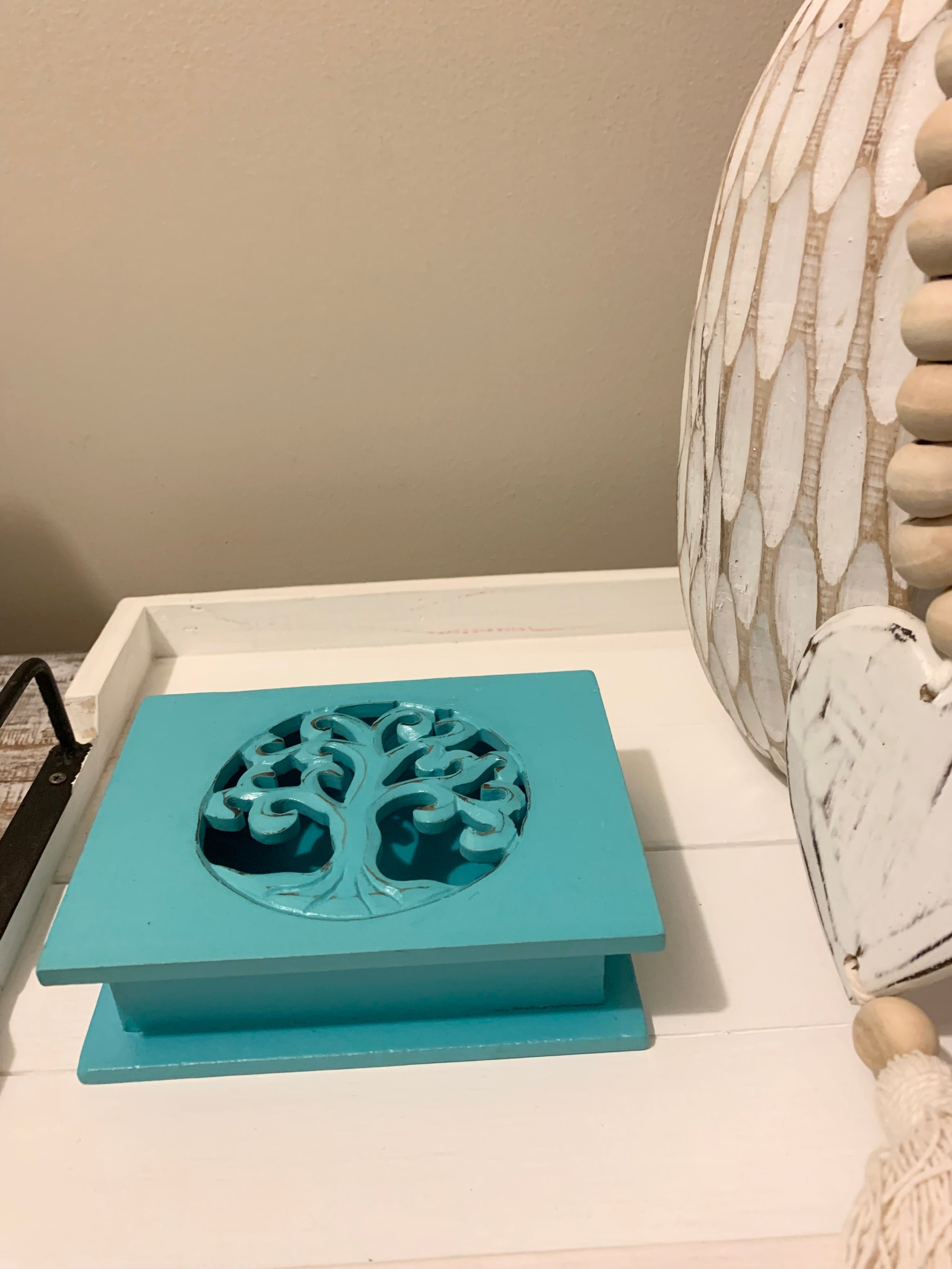 Carved tree of life aqua box with hinged lid. Jewellery / storage. Small