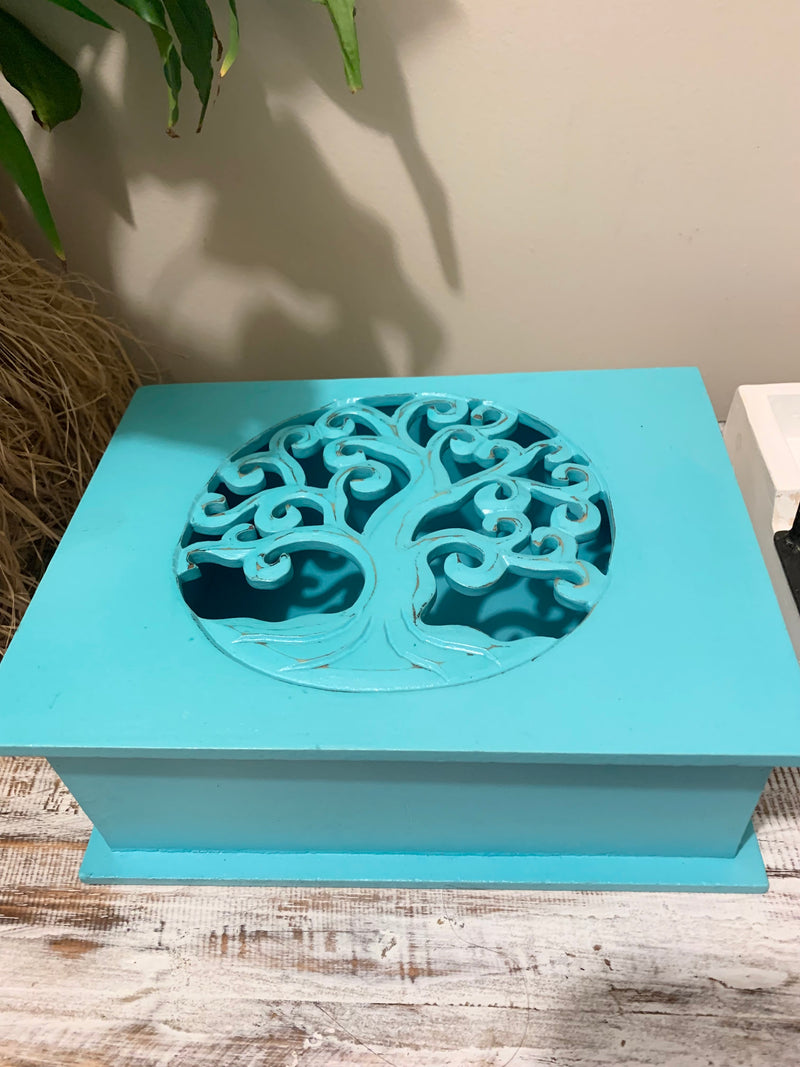 Carved tree of life aqua box with hinged lid. Jewellery / storage. Large. 24cm w